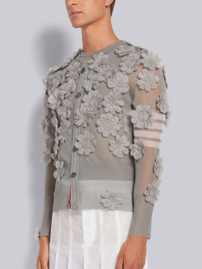 Thom Browne Light Grey Silk Organza Flower Applique 4-Bar Crew Neck Cardigan outlook