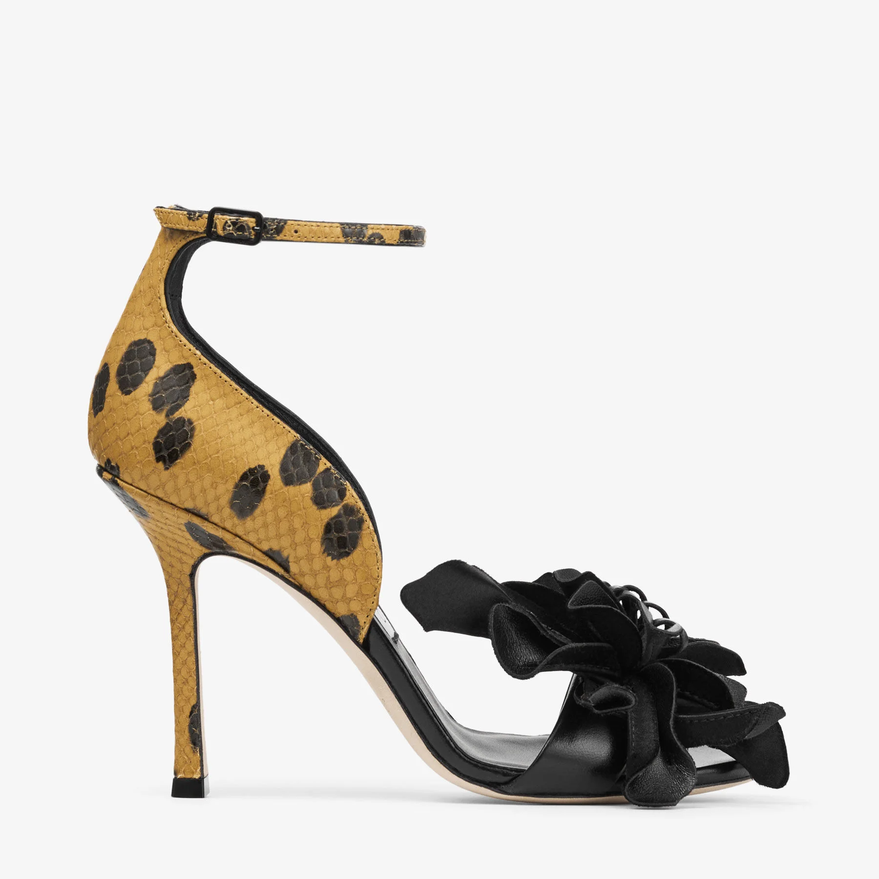 Coko 100 Black and Cigar Nappa and Spotty Elaphe Printed Leather Sandals with Floral Accent - 1