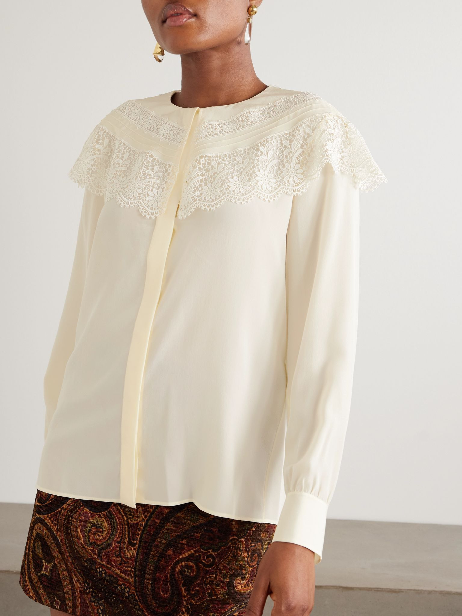 Lace-trimmed organic silk crepe de chine blouse Cream - 3