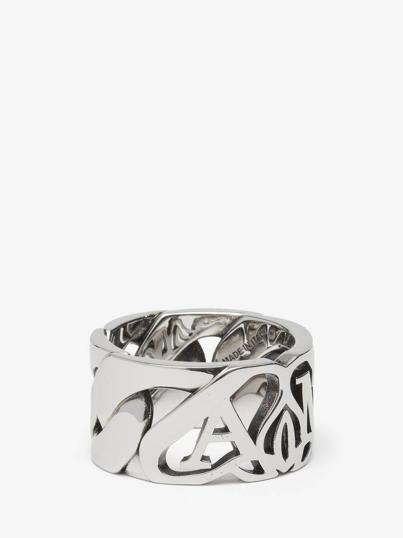 Alexander McQueen Men's Seal Logo Chain Ring in Antique Silver outlook