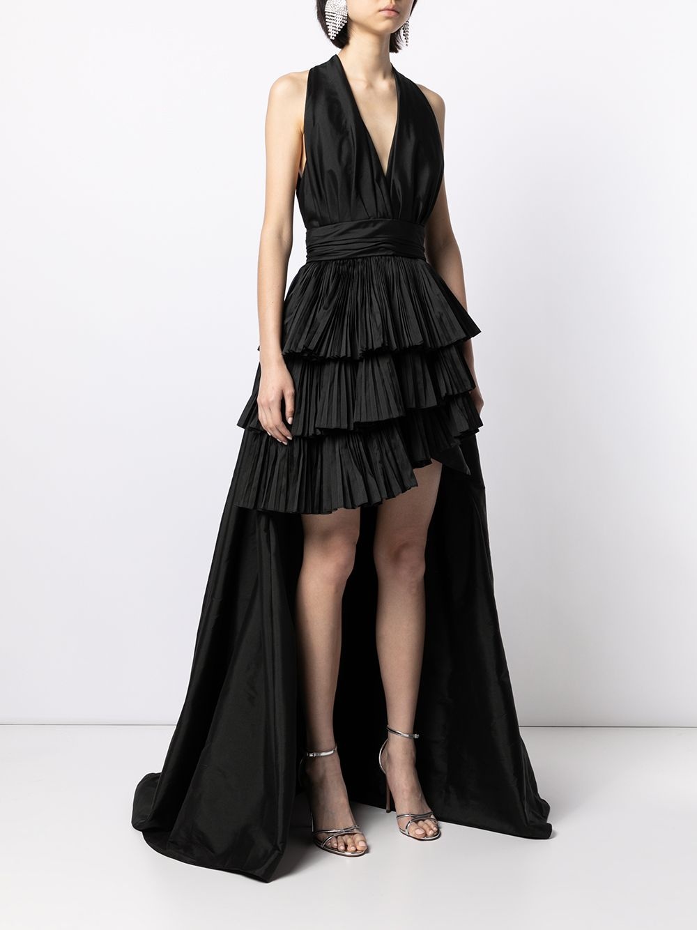 pleated plunge-neck silk dress - 3