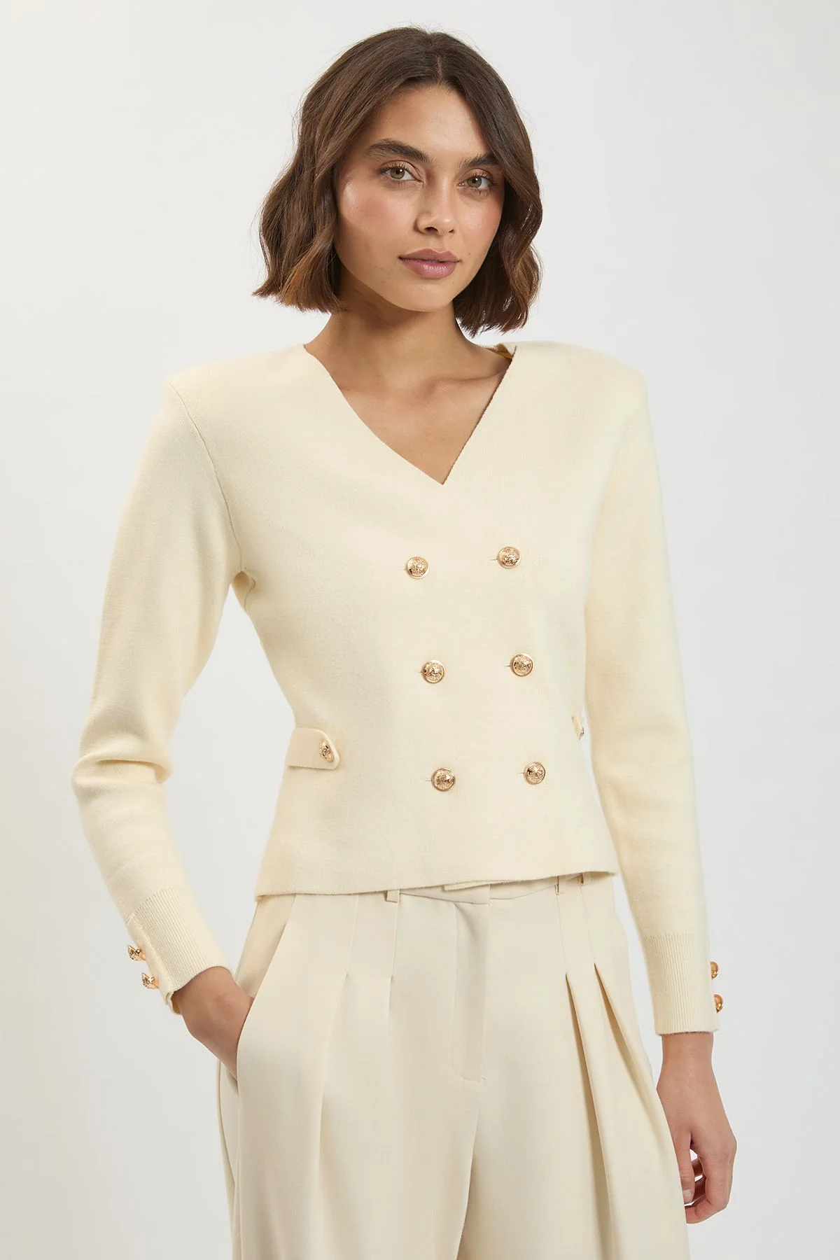 Wool Look Military Double Breasted Knitted Cardigan - 1
