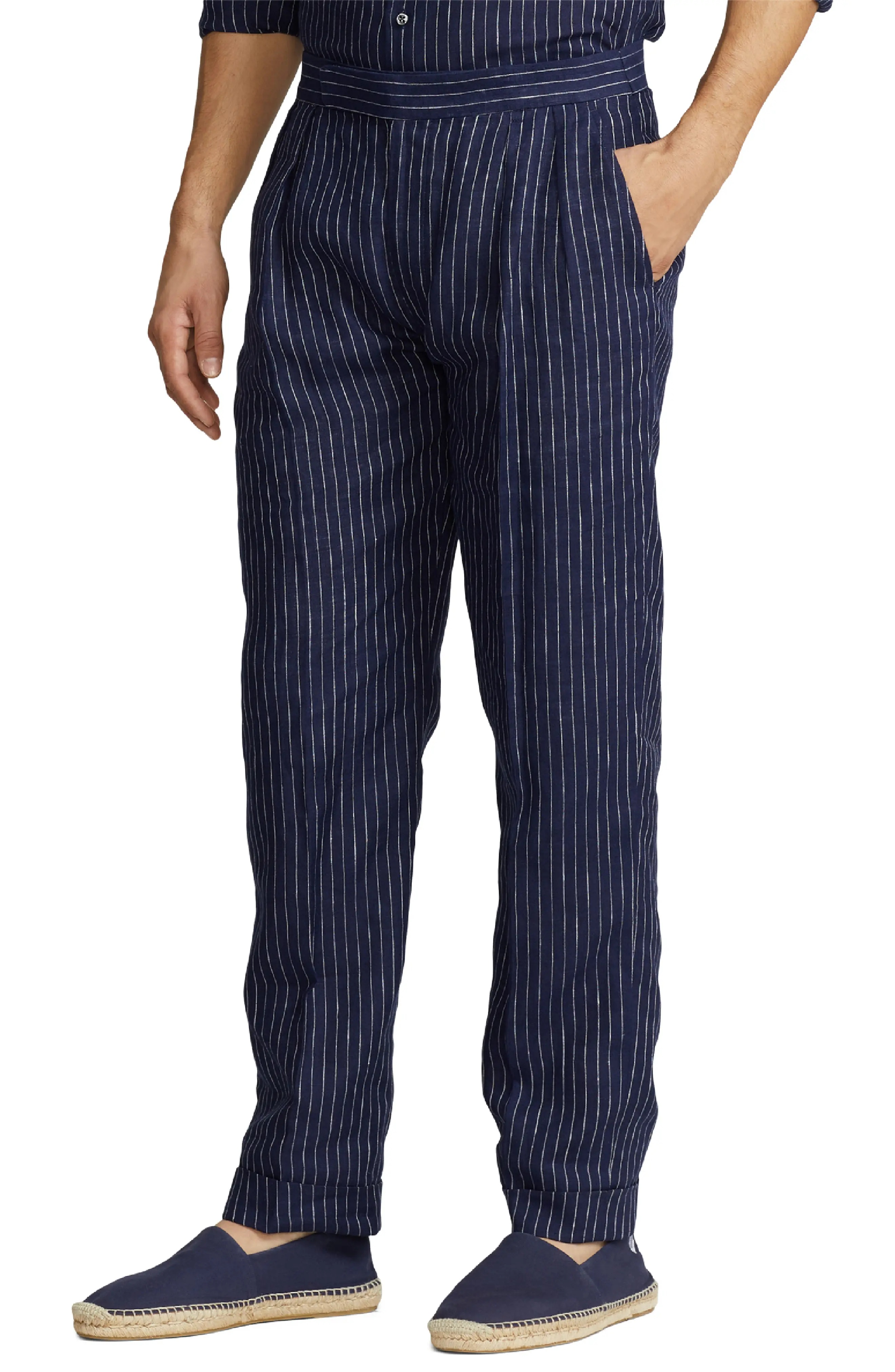 Glenn Pinstripe Cuff Hem Linen Trousers in Spring Navy/Cream - 3