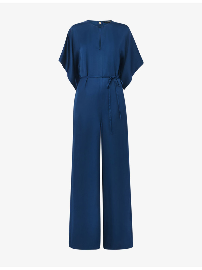 Belted-Waist Short-Sleeve Satin Jumpsuit 1
