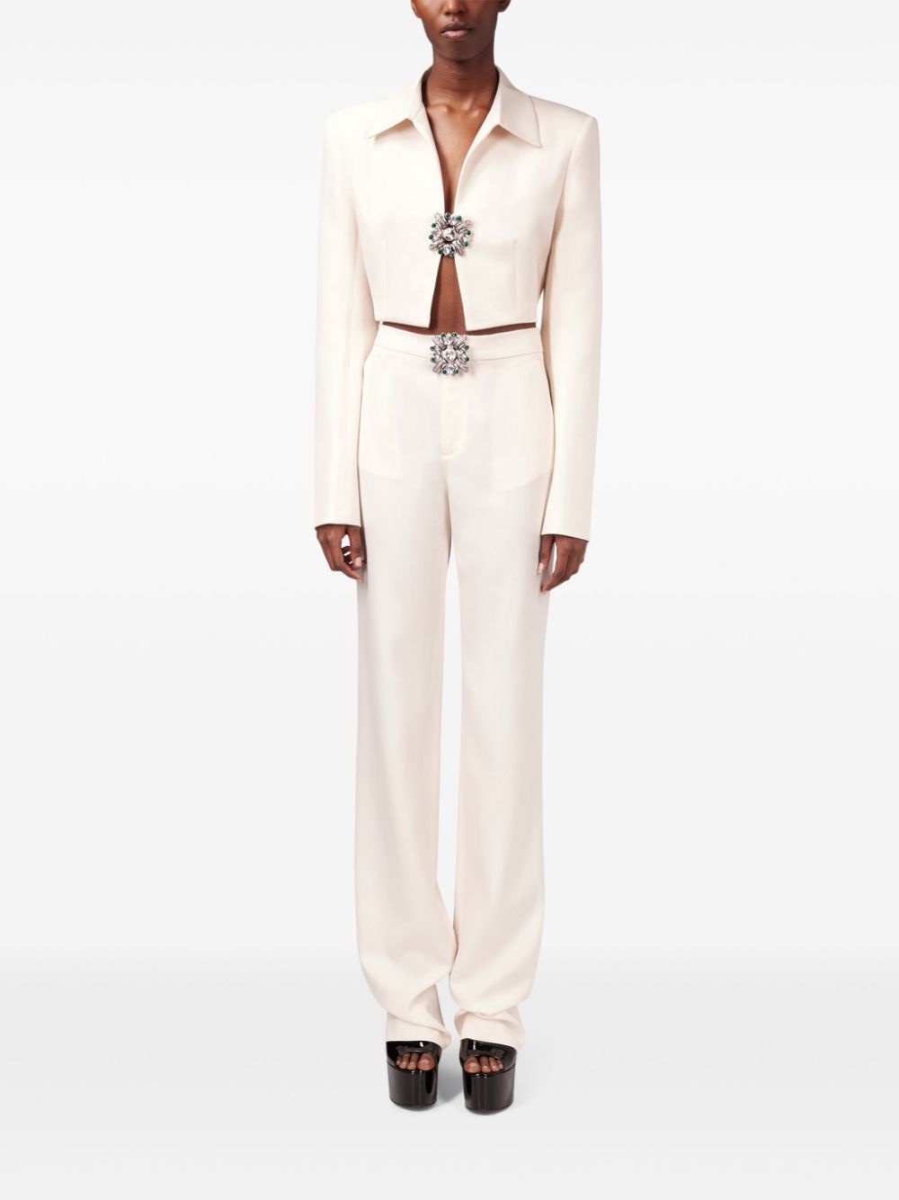 crystal-brooch cropped jacket - 2