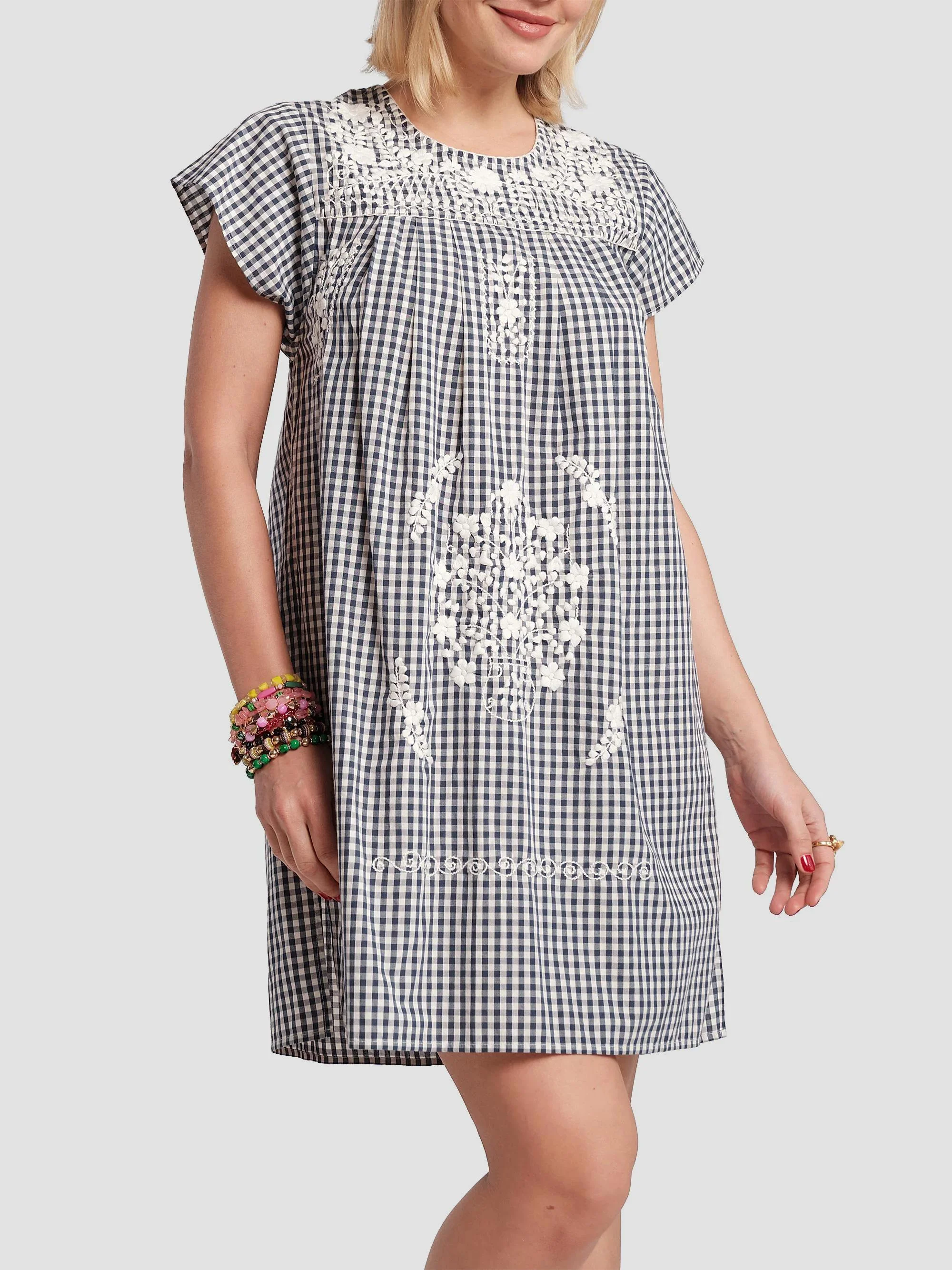 Women's Camila Floral-Embroidered Gingham Cotton Poplin Minidress - Navy Oyster - 1