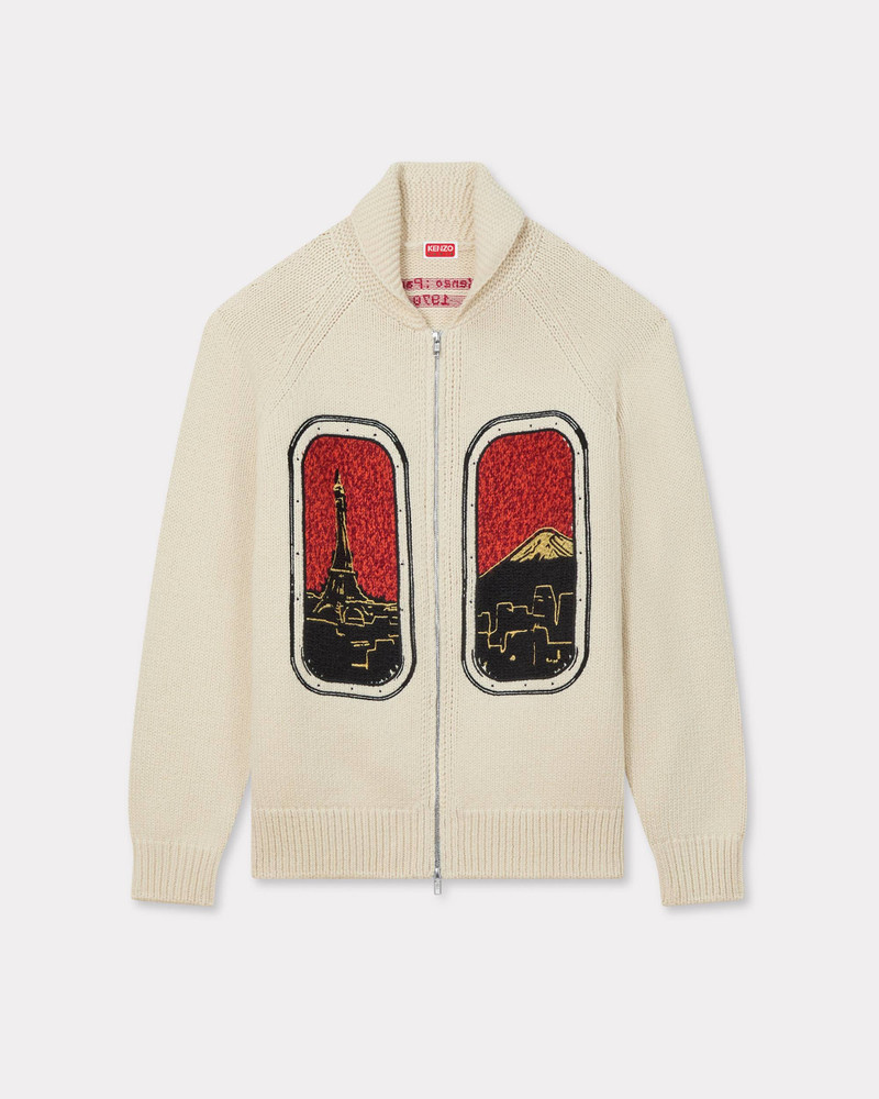 'KENZO City' embroidered zipped knitted cardigan in wool cotton 1