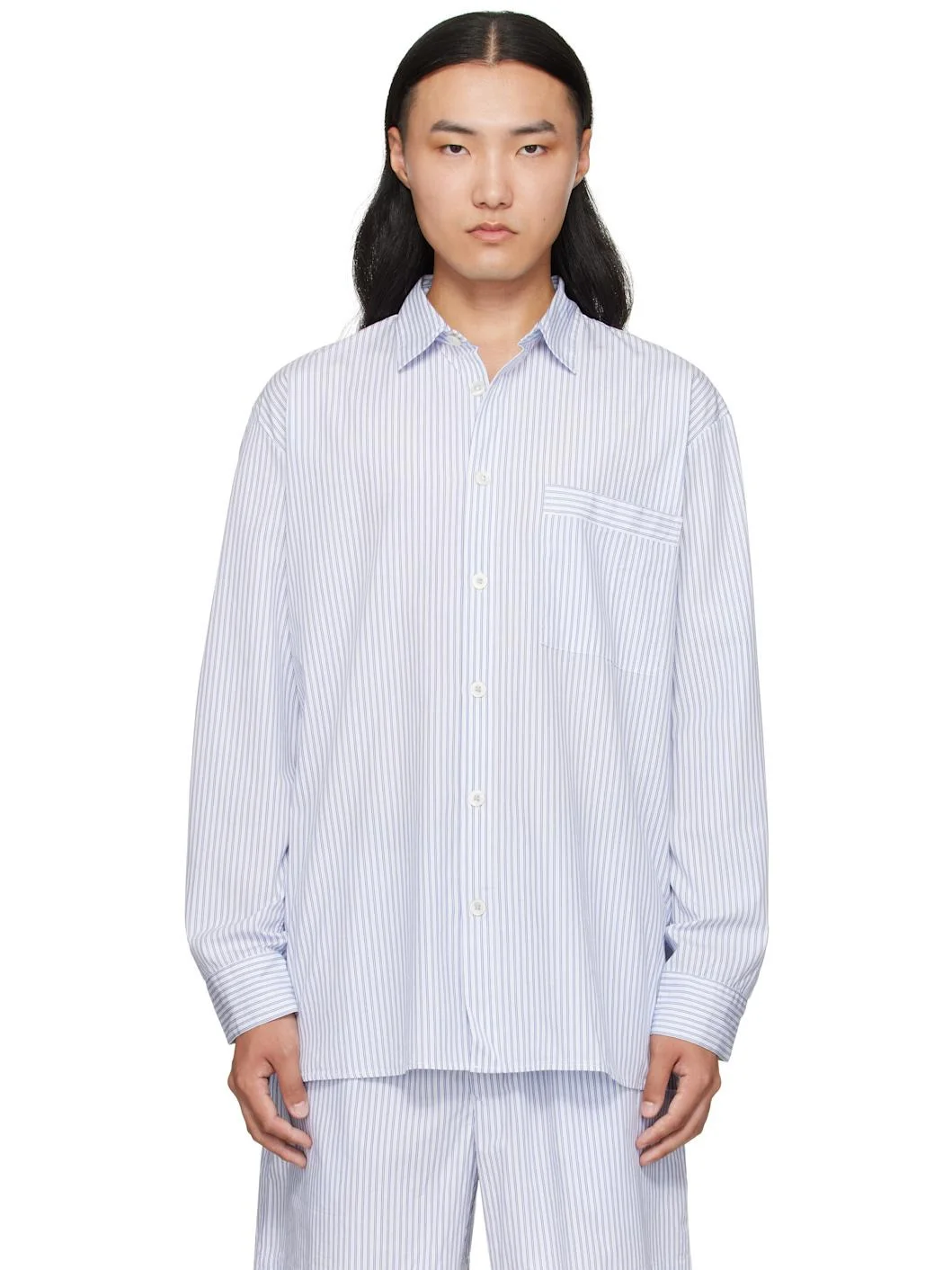 White & Blue Poplin Long-Sleeved Pyjama Shirt - 1