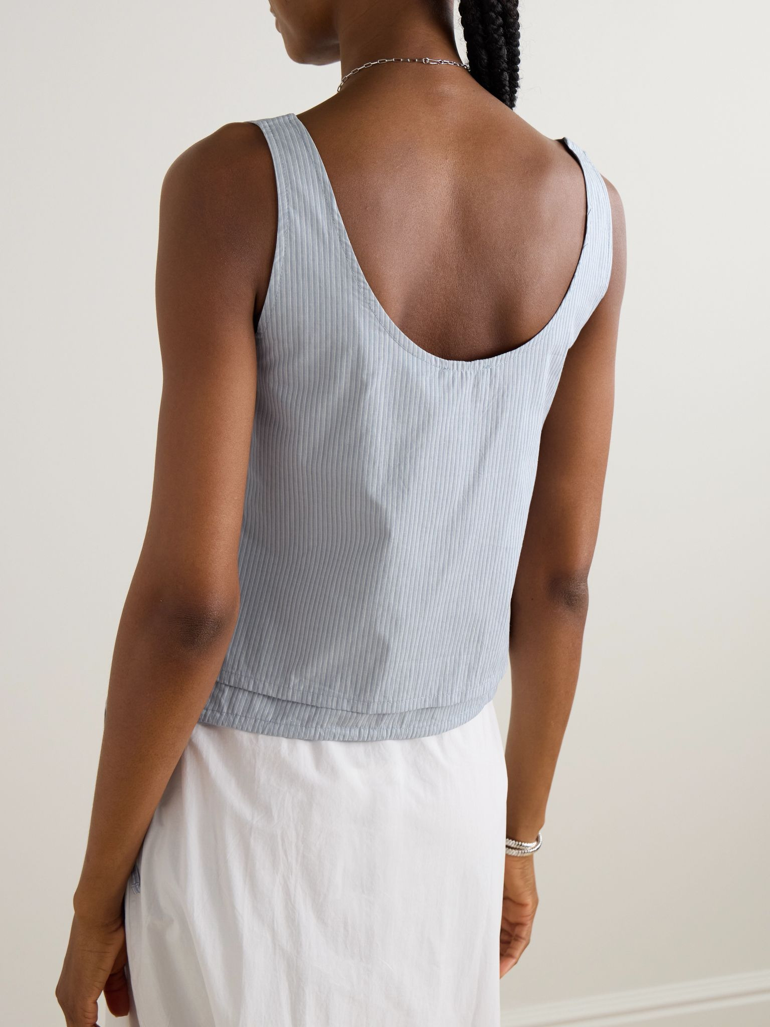 Tie-detailed layered striped organic cotton-poplin tank Blue - 3