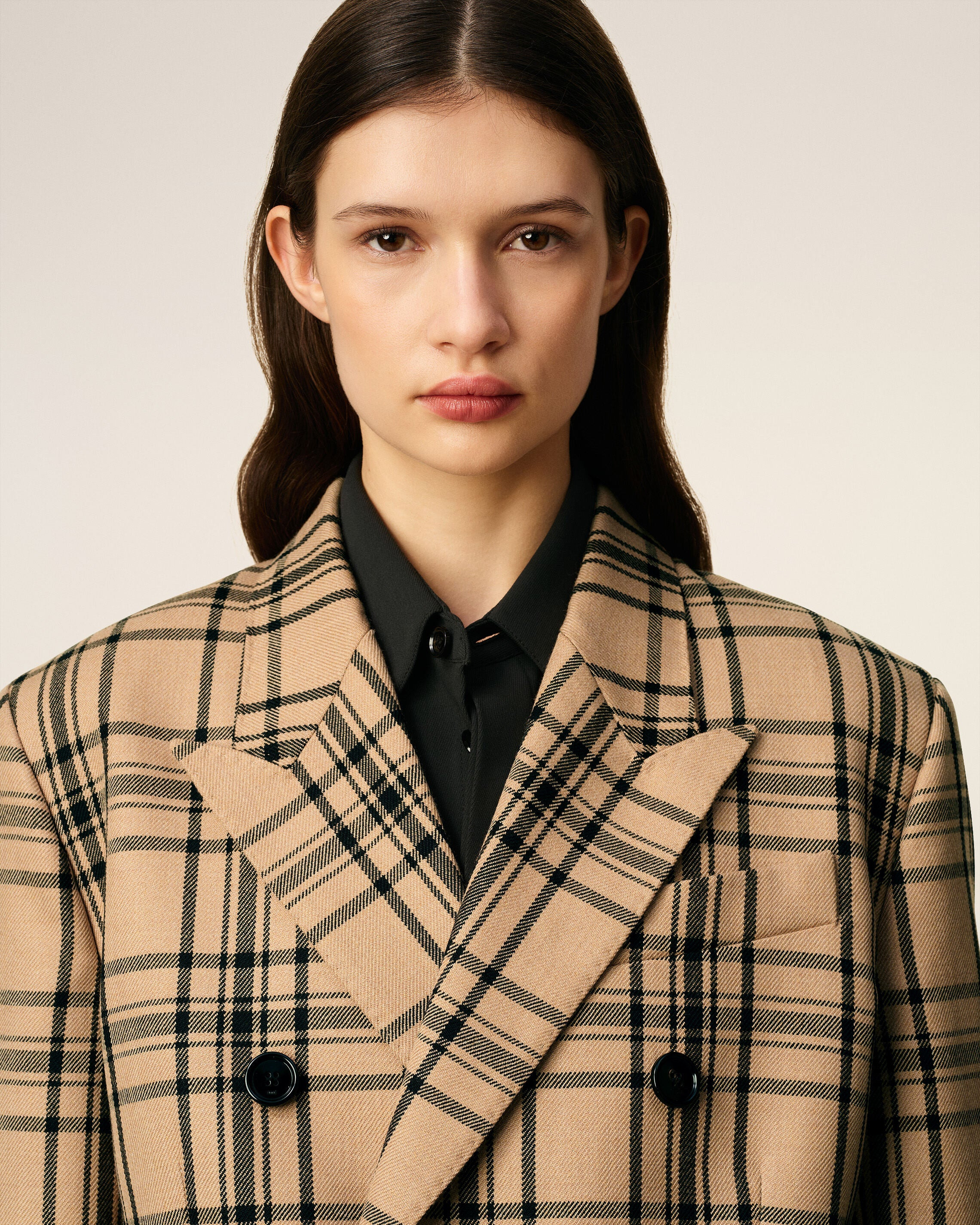 BROWN WOOL CHECKED LOOSE DOUBLE BREASTED JACKET - 4