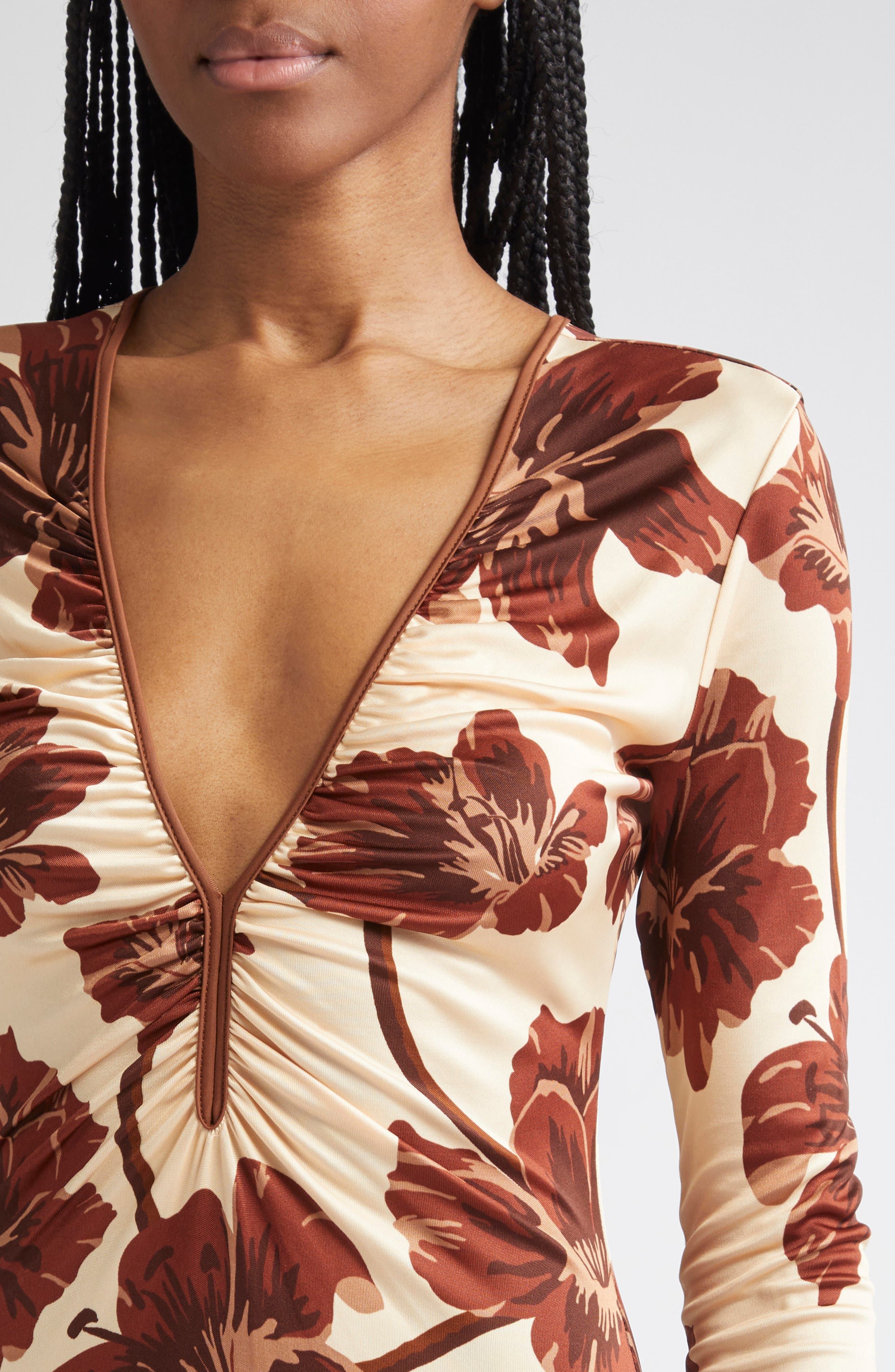 Johanna Ortiz Alma Bordada Floral Print Long Sleeve Jersey Dress in Ecru /Chocolate /Mocca at Nordst - 4