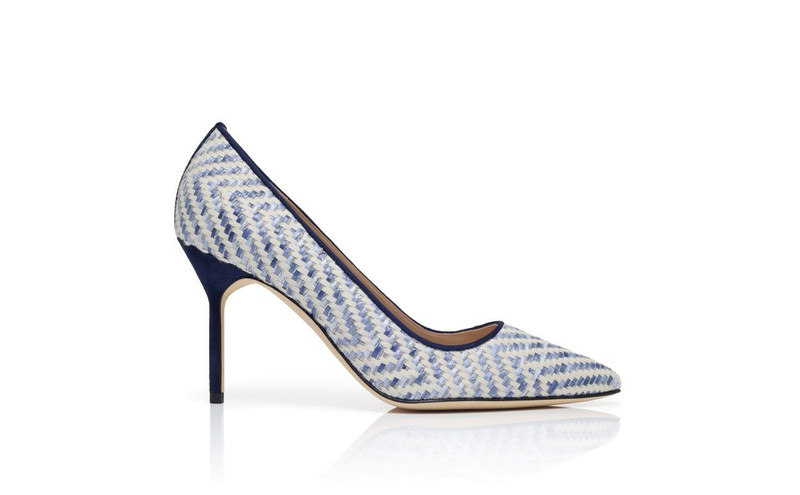 Navy Blue and White Raffia Pointed Toe Pumps 1