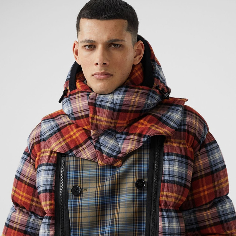 Sleeveless Check Trench Coat With Detachable Puffer 11