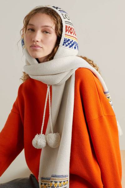 Loro Piana Hooded pompom-embellished fringed Fair Isle cashmere scarf outlook