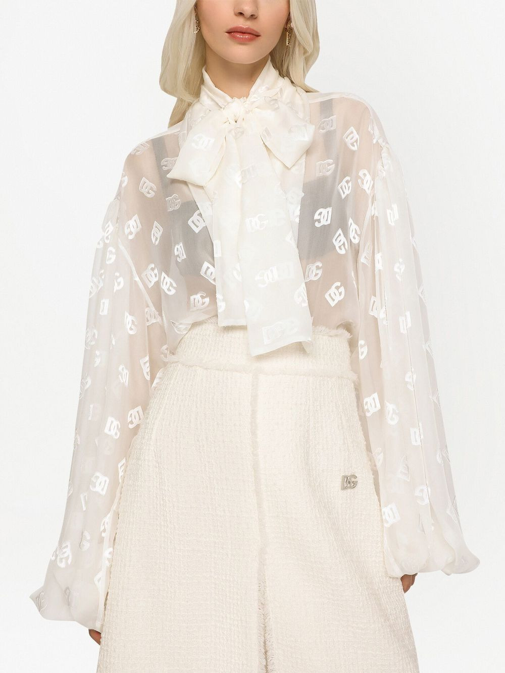 logo-jacquard pussy-bow collar blouse - 5