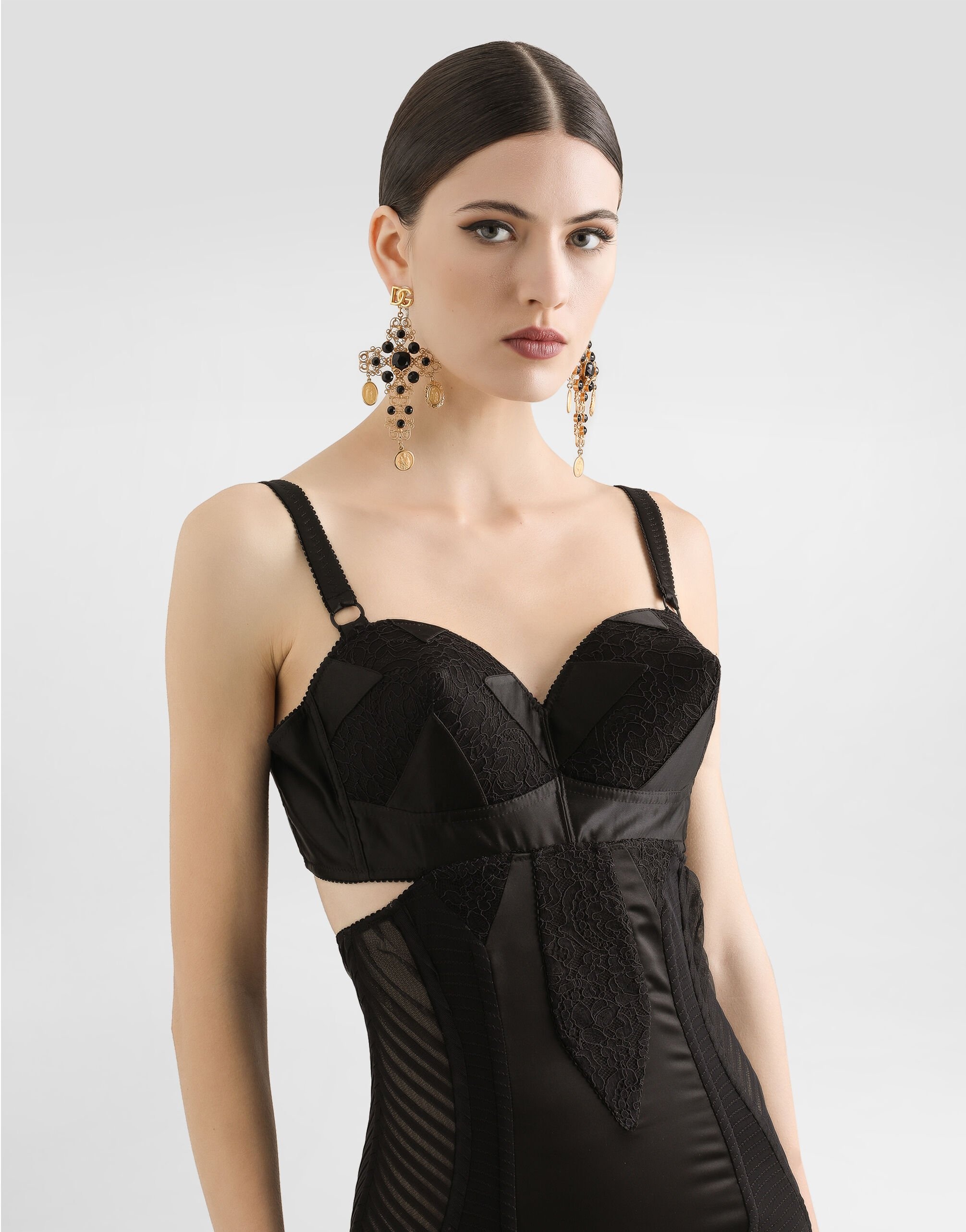 Calf-length satin and lace dress with corset details - 4