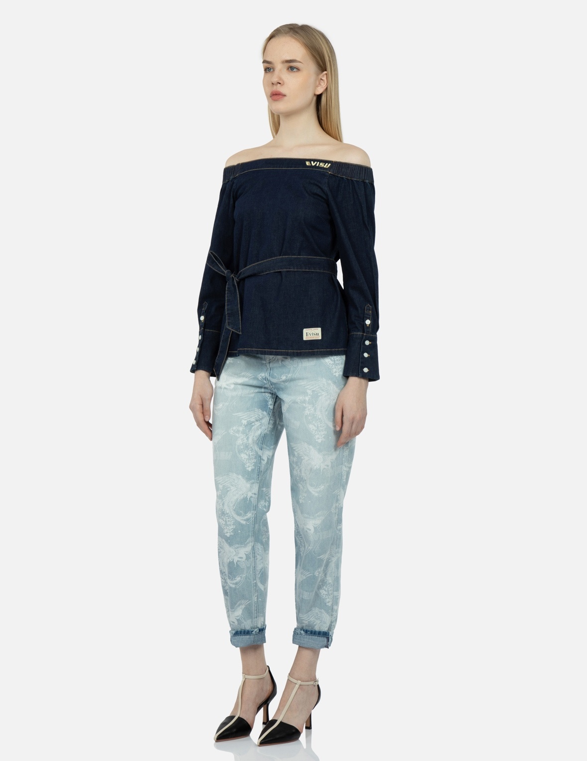 LOGO EMBROIDERY OFF-SHOULDER DENIM BLOUSE - 3