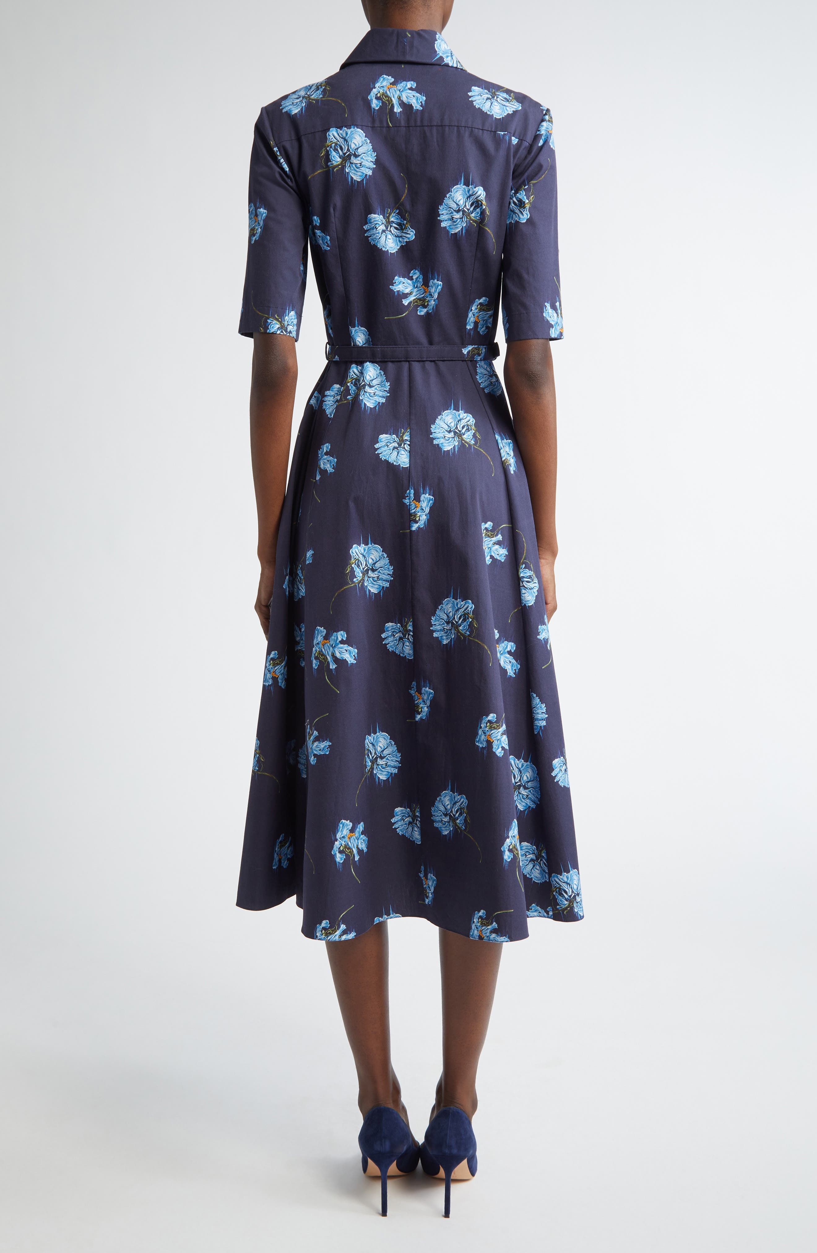 Emilia Wickstead Rubie Belted Cotton Poplin Midi Shirtdress in Blue Flowers On Navy at Nordstrom - 2