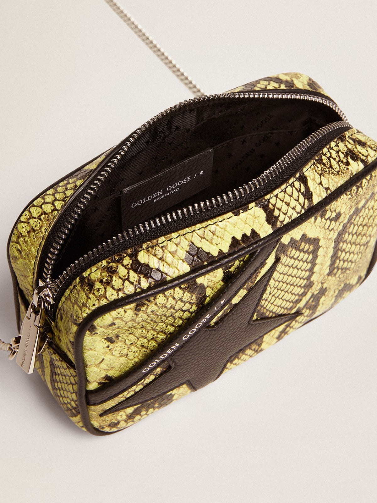 Mini Star Bag in lime-colored snake-print leather with black leather star - 4