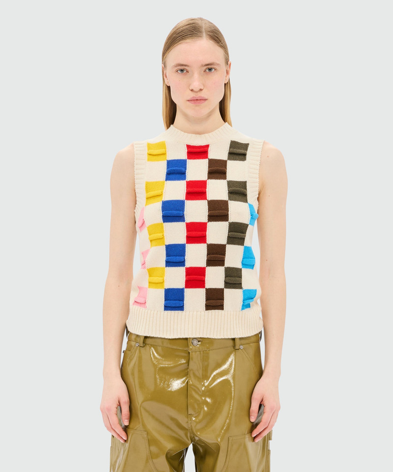 MSGM Grey melange knitted vest with multicolor 3D checkerboard pattern outlook