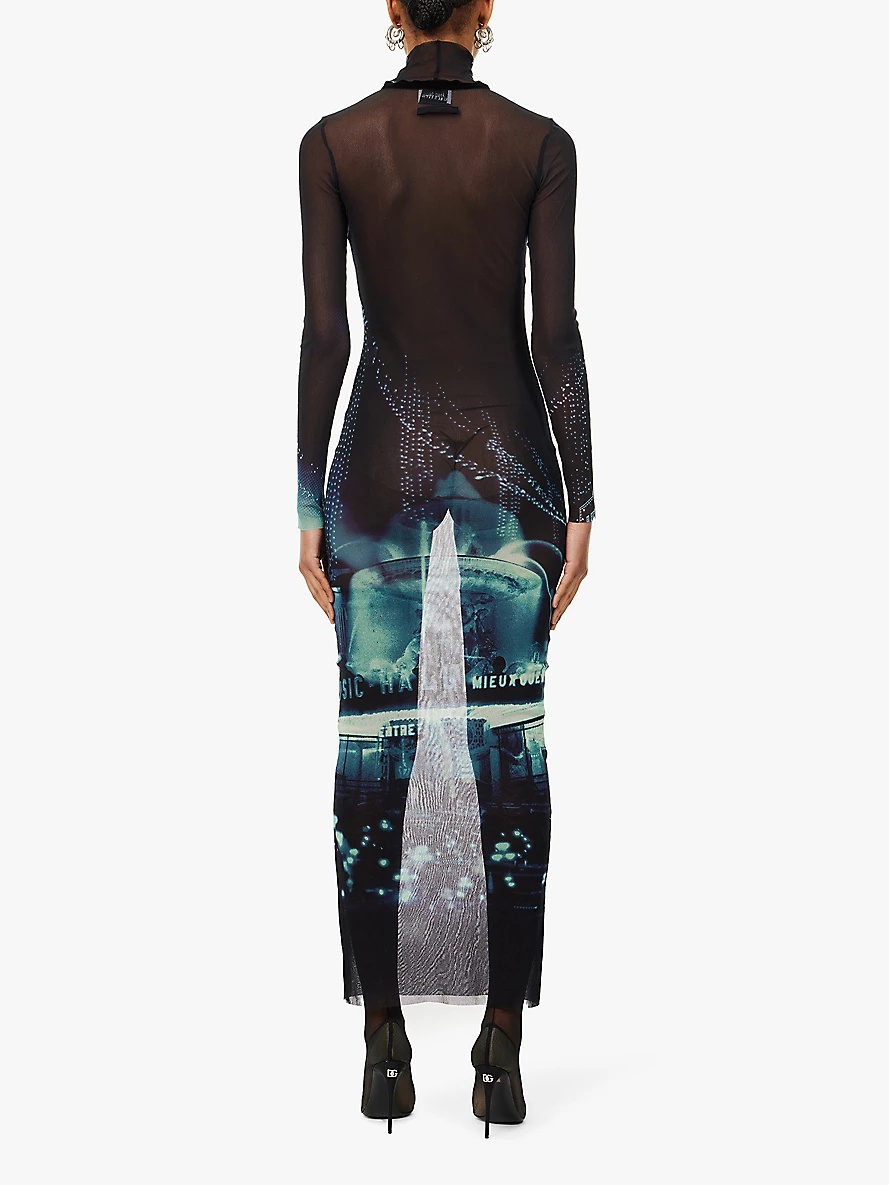 Graphic-print turtleneck mesh maxi dress - 4