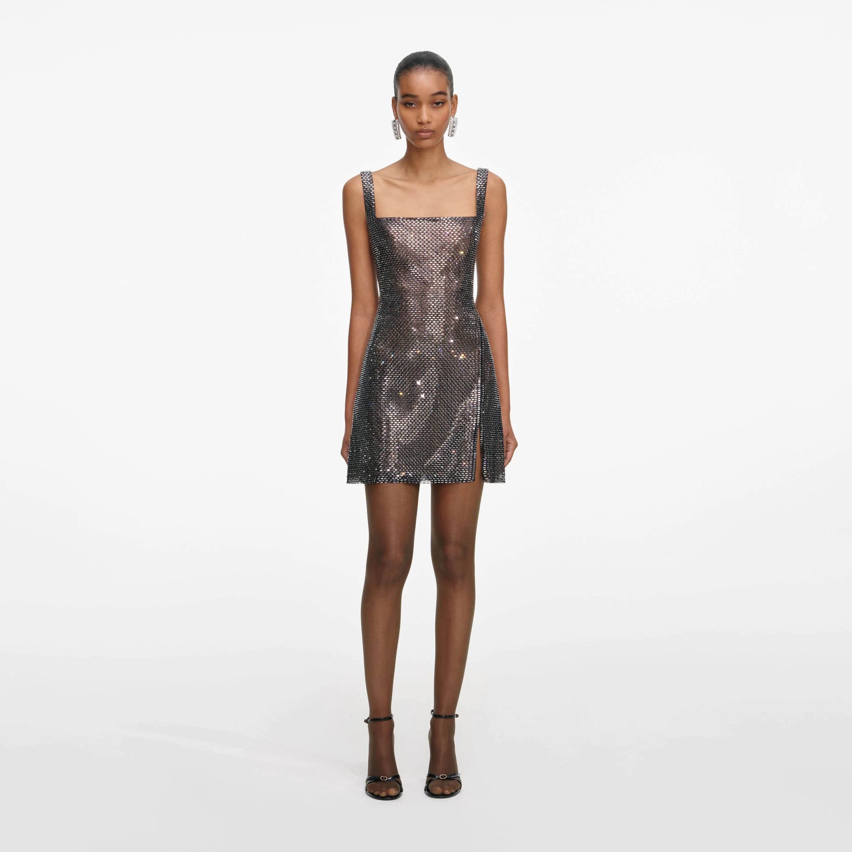 Gunmetal Rhinestone Mesh Mini Dress - 1