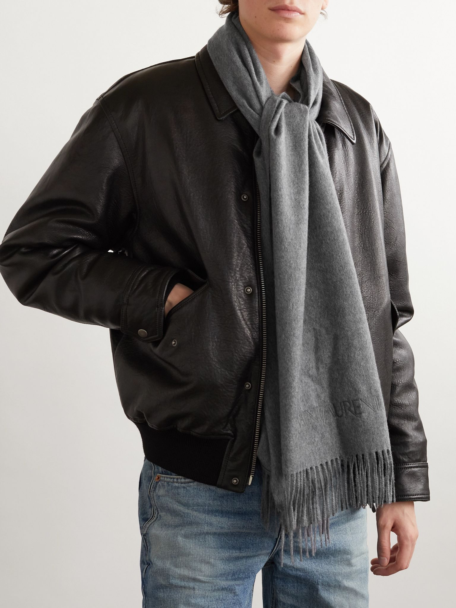 Logo-Embroidered Fringed Cashmere Scarf Gray - 2