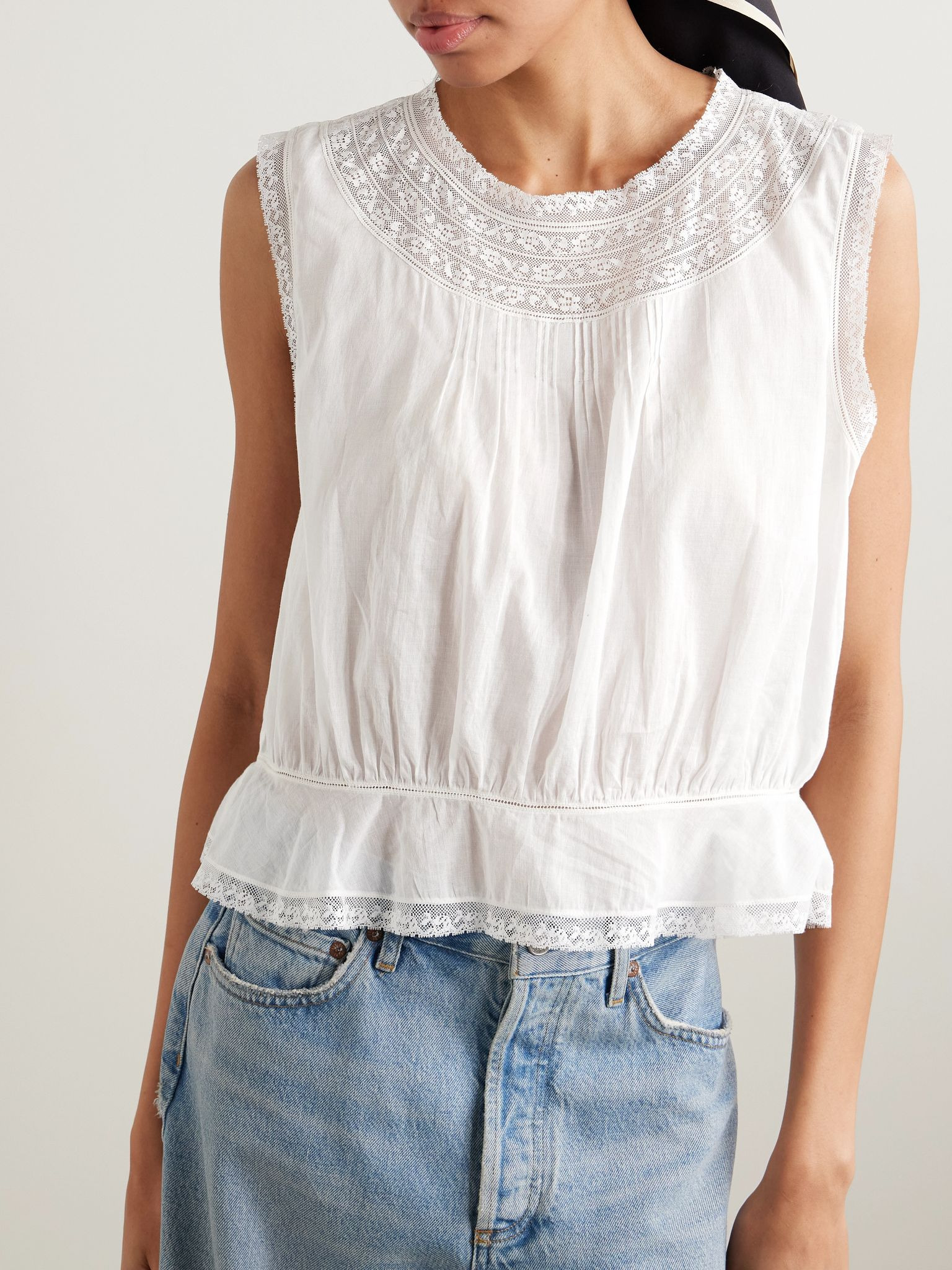 Lilibet lace-trimmed pintucked organic cotton-voile top Off-white - 3