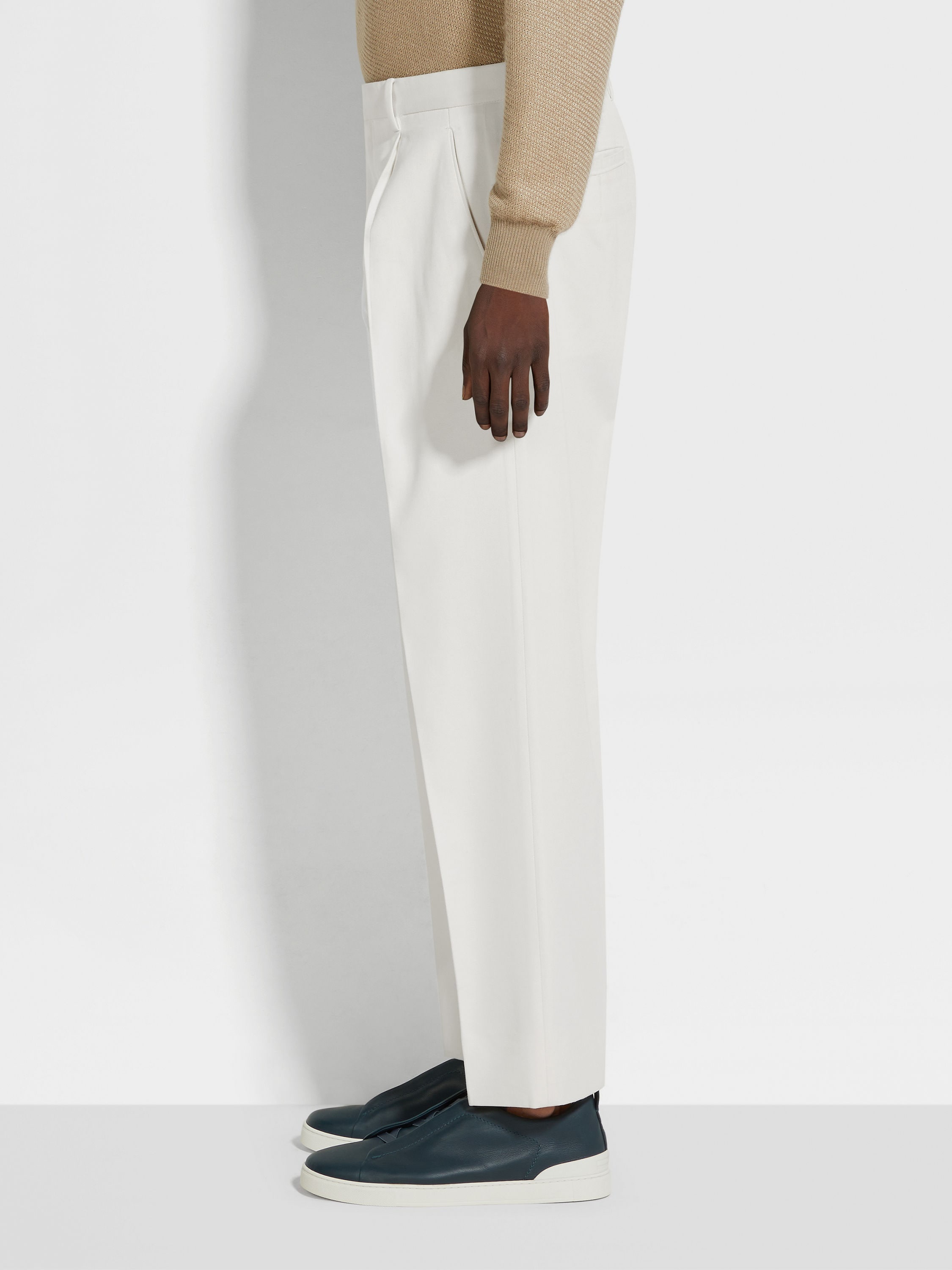 WHITE COTTON AND WOOL PANTS - 4