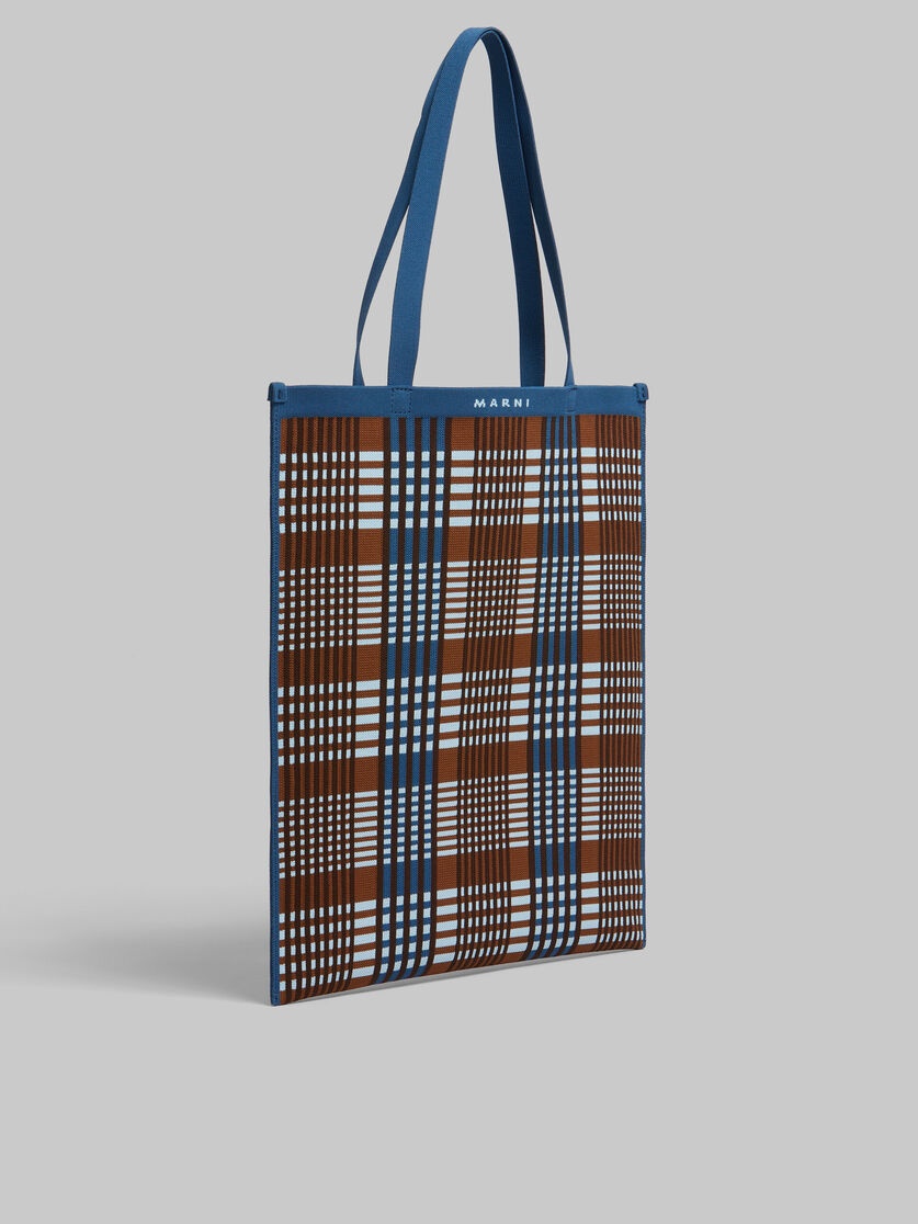 BLUE AND BROWN JACQUARD CHECK FLAT TOTE BAG - 6