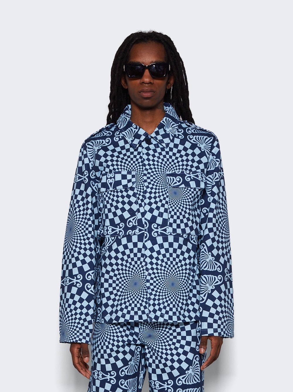 Folk Checkerboard Print Overshirt Blue - 3
