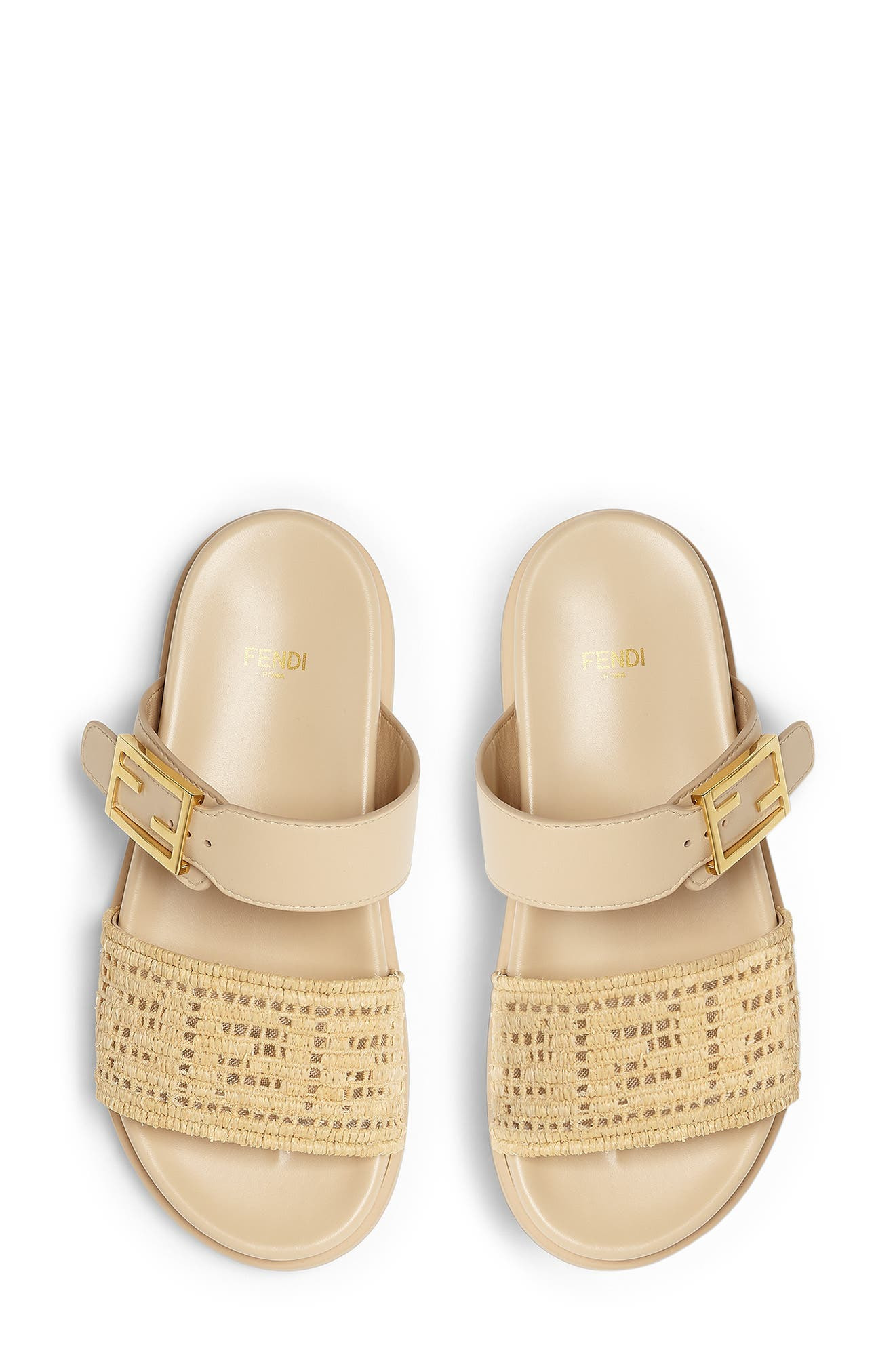 Fendi Feel FF Double Band Sandal in Beige Rafia at Nordstrom - 3