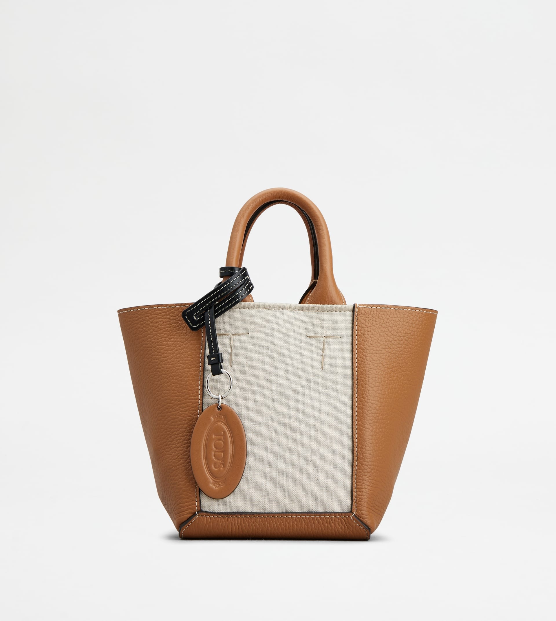 TOD'S DOUBLE UP SHOPPING BAG IN LEATHER AND CANVAS MINI - BROWN, OFF WHITE - 1