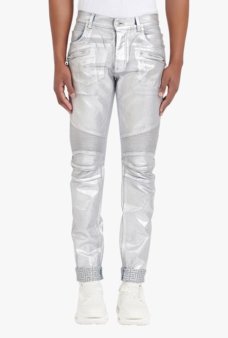 Embossed silvery cotton slim jeans with Balmain-monogrammed hem - 4