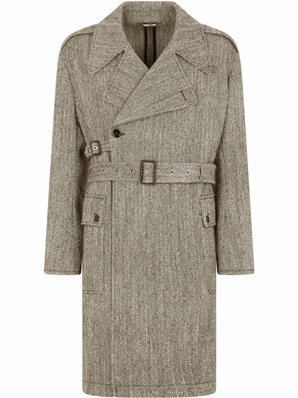 herringbone-pattern mid-length coat - 1