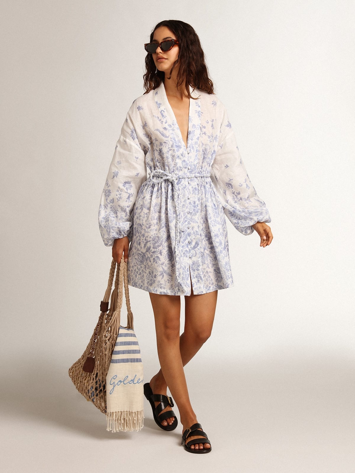 Resort Collection Mini Dress in linen with Mediterranean blue print - 3
