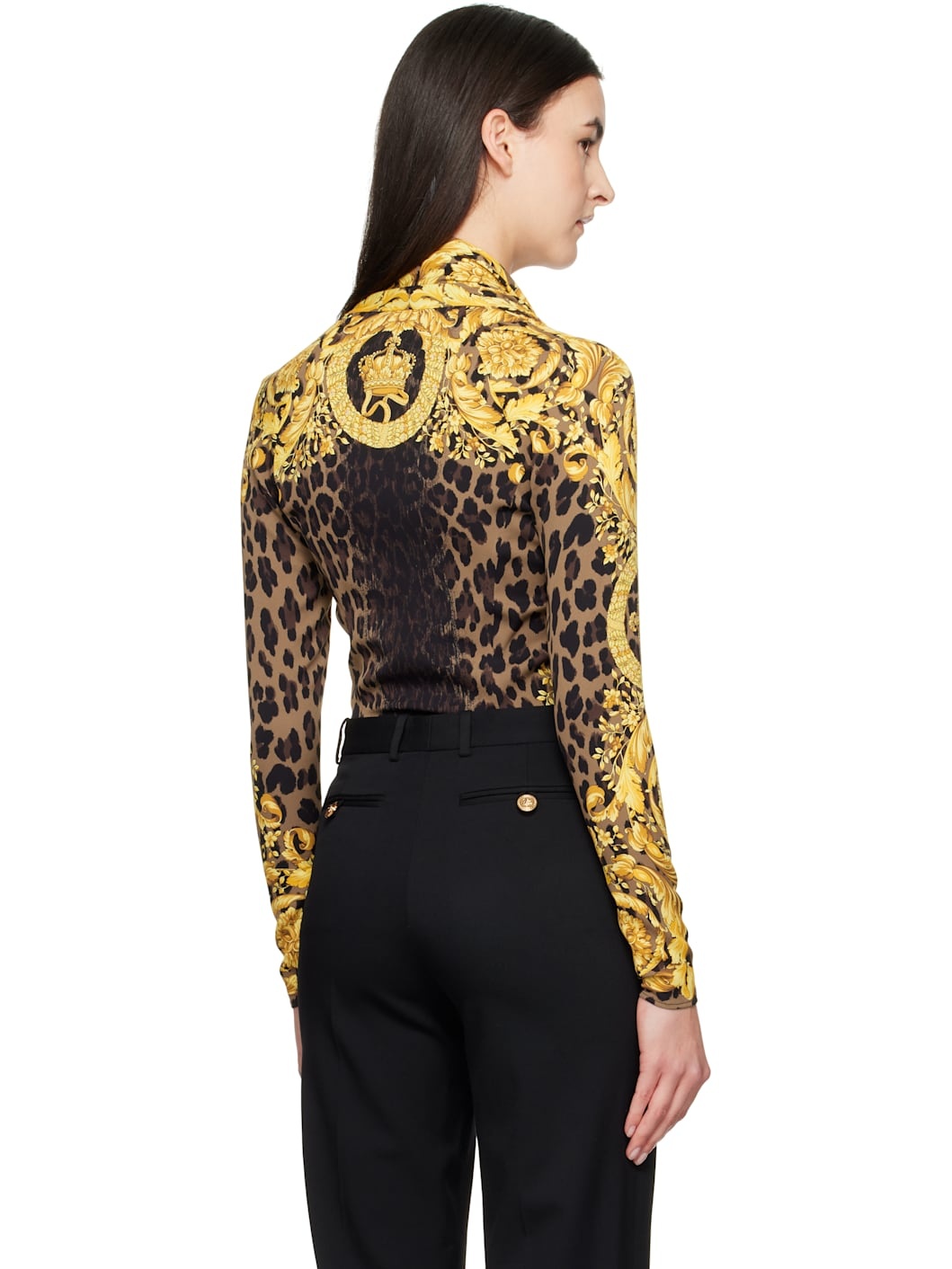 Black & Gold Wild Barocco Silk Draped Bodysuit - 3