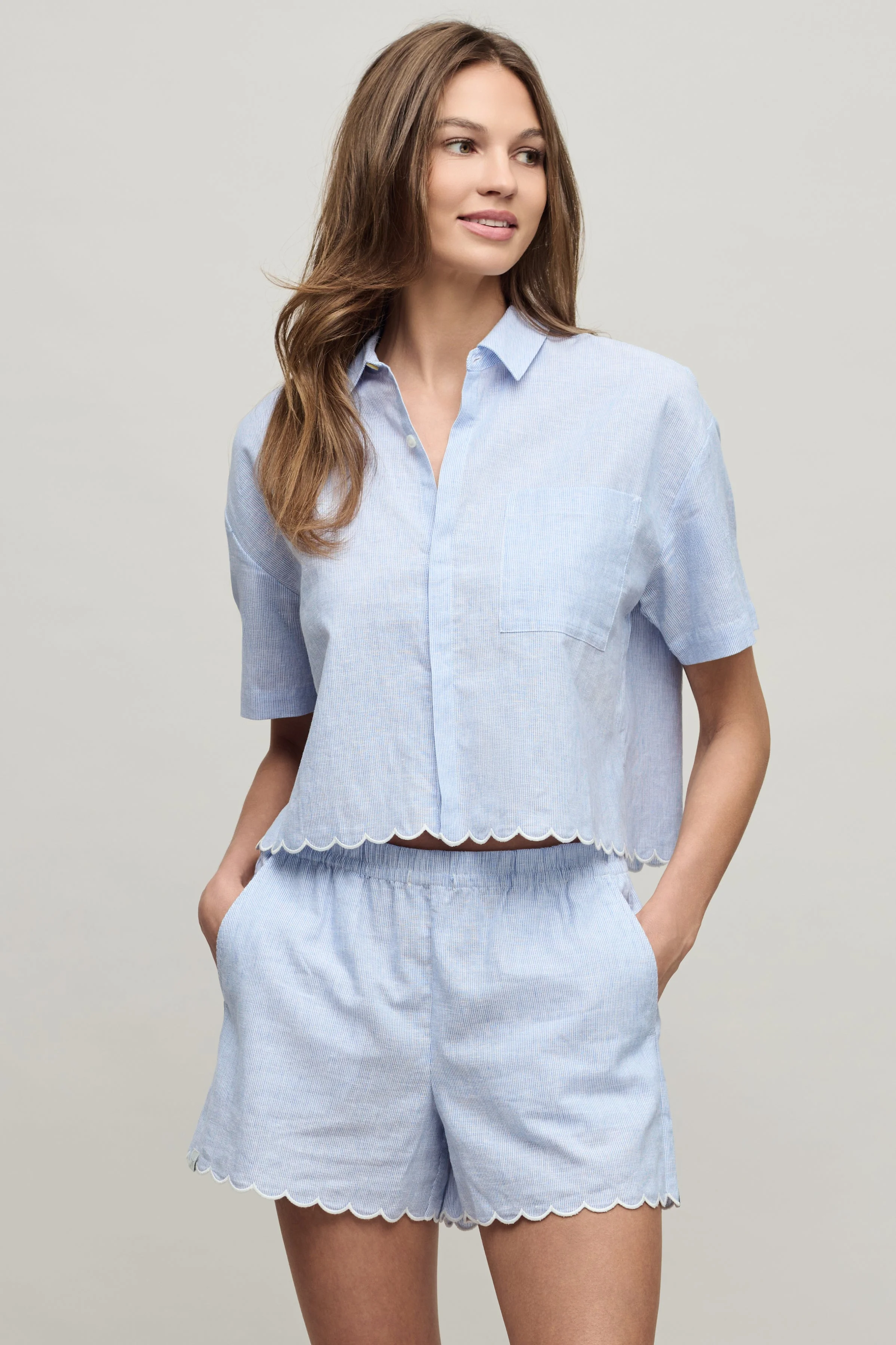 Linen Blend Stripe Shirt with Scallop - 1