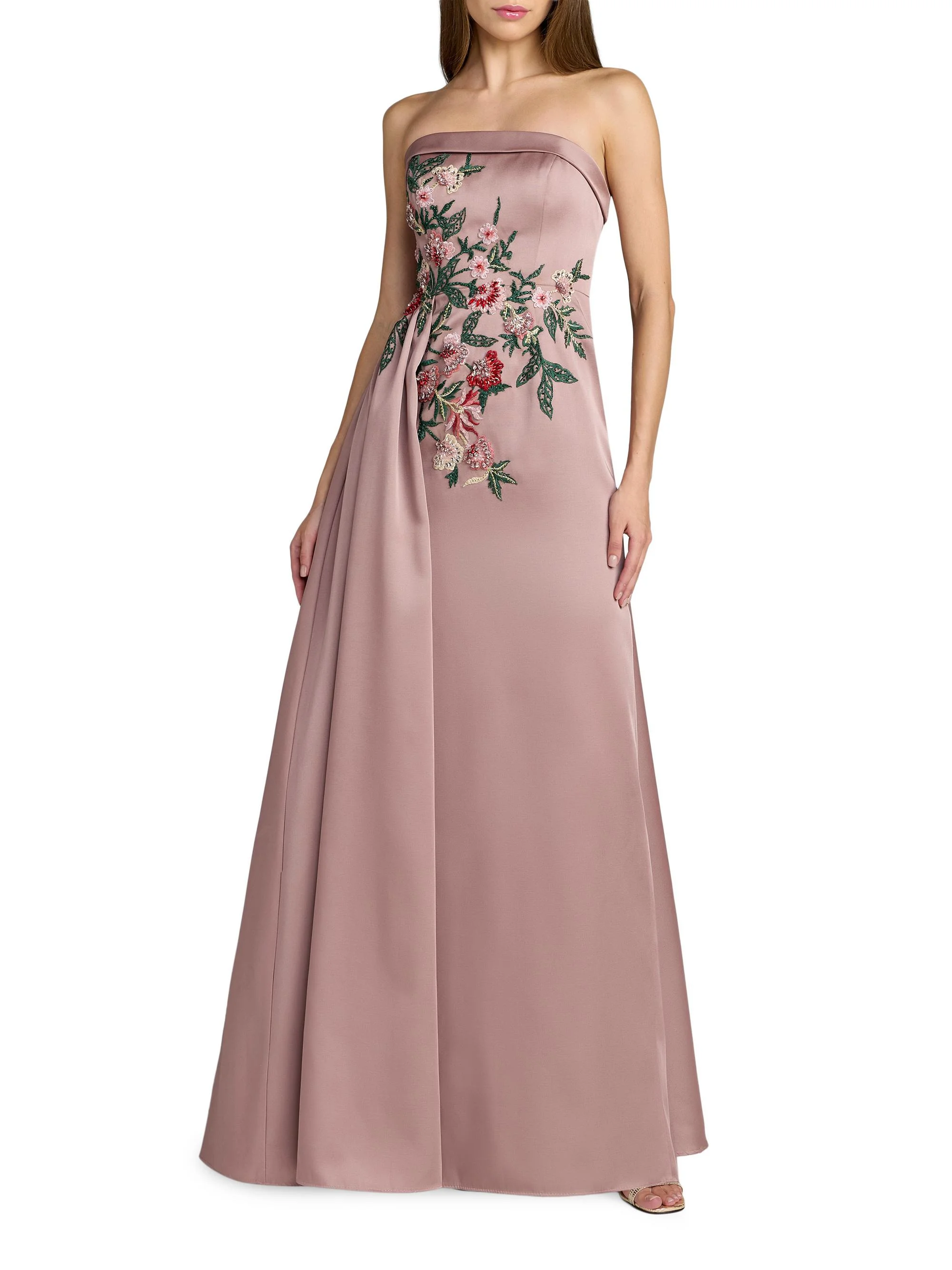 Women's Floral-Beaded Satin Strapless Gown - Mocha - 1