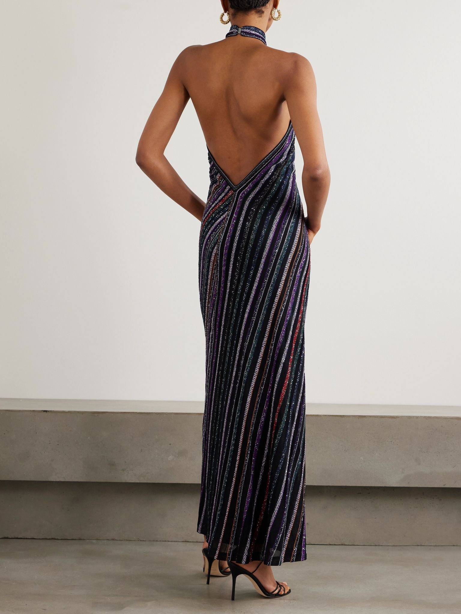 Sequined striped crochet-knit halterneck maxi dress Black - 3
