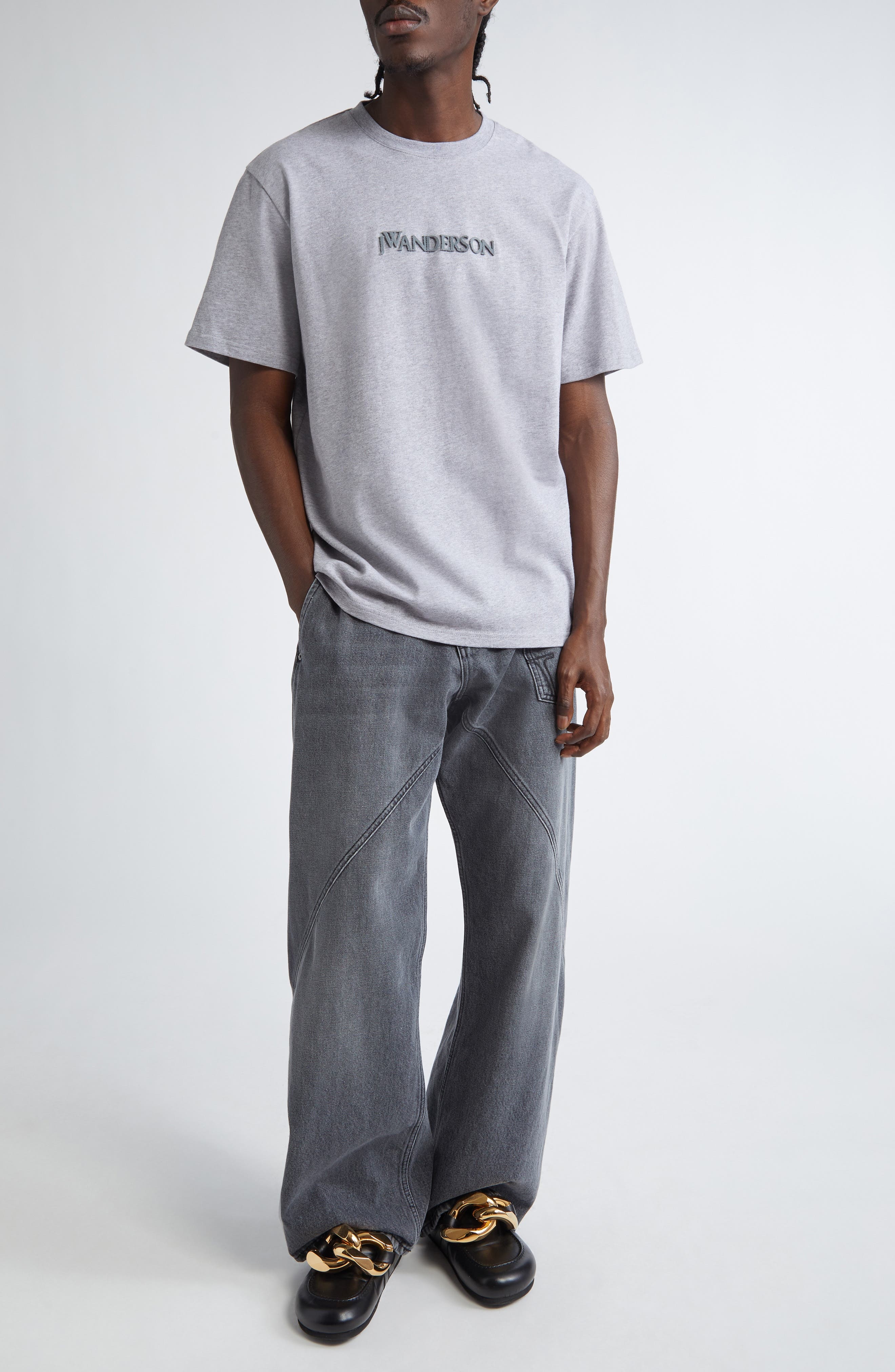 JW Anderson Embroidered Logo Cotton T-Shirt in Grey Melange at Nordstrom - 2