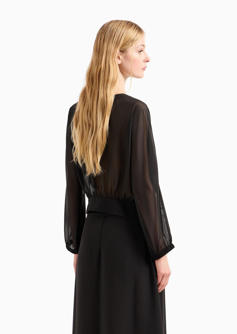 Georgette round-neck shirt with gathering 3