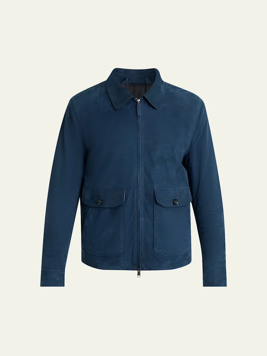 Men's Nubuck Leather Zip-Front Blouson Jacket - 1