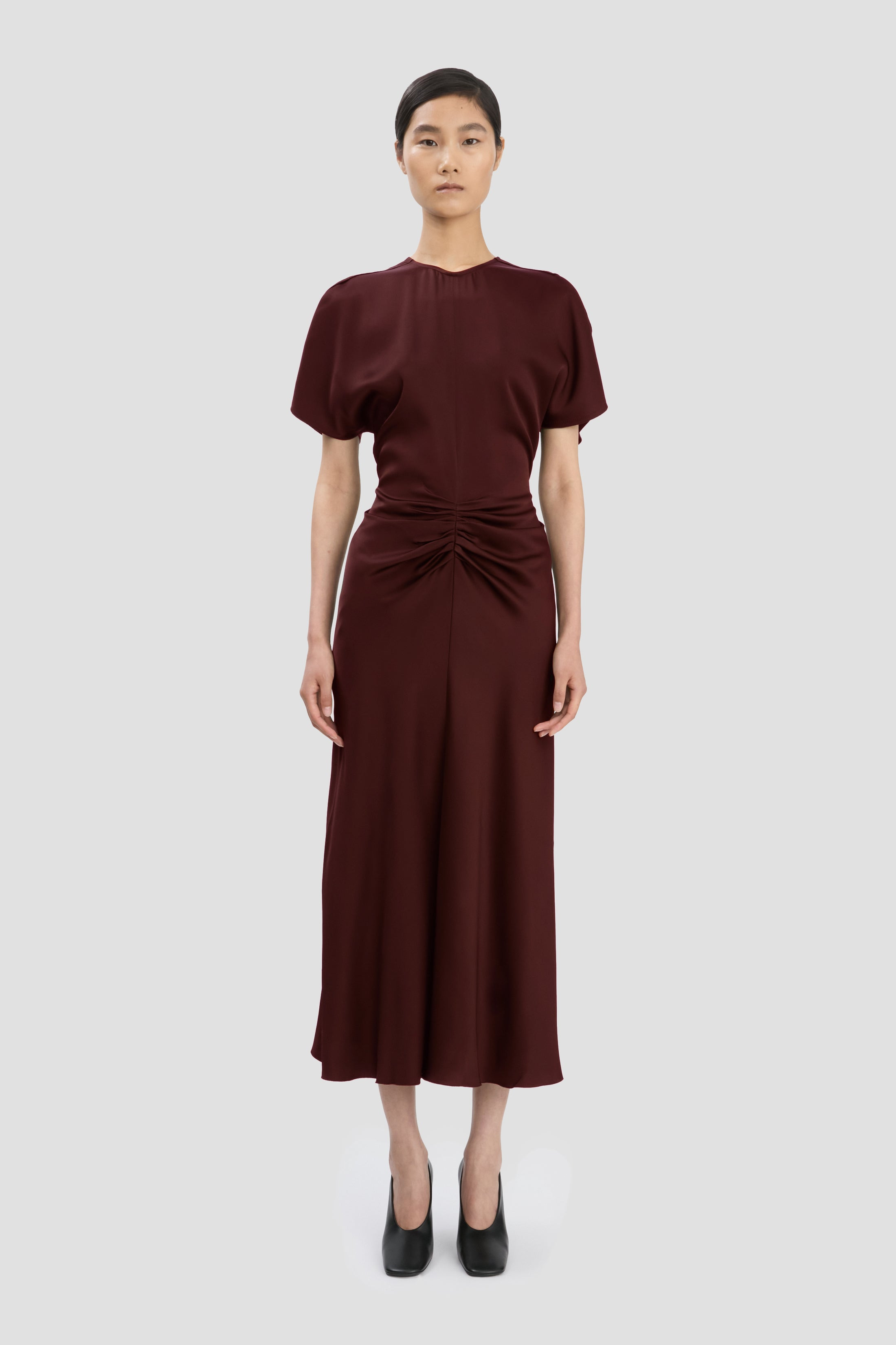 Gathered Waist Midi Dress In Merlot - 2