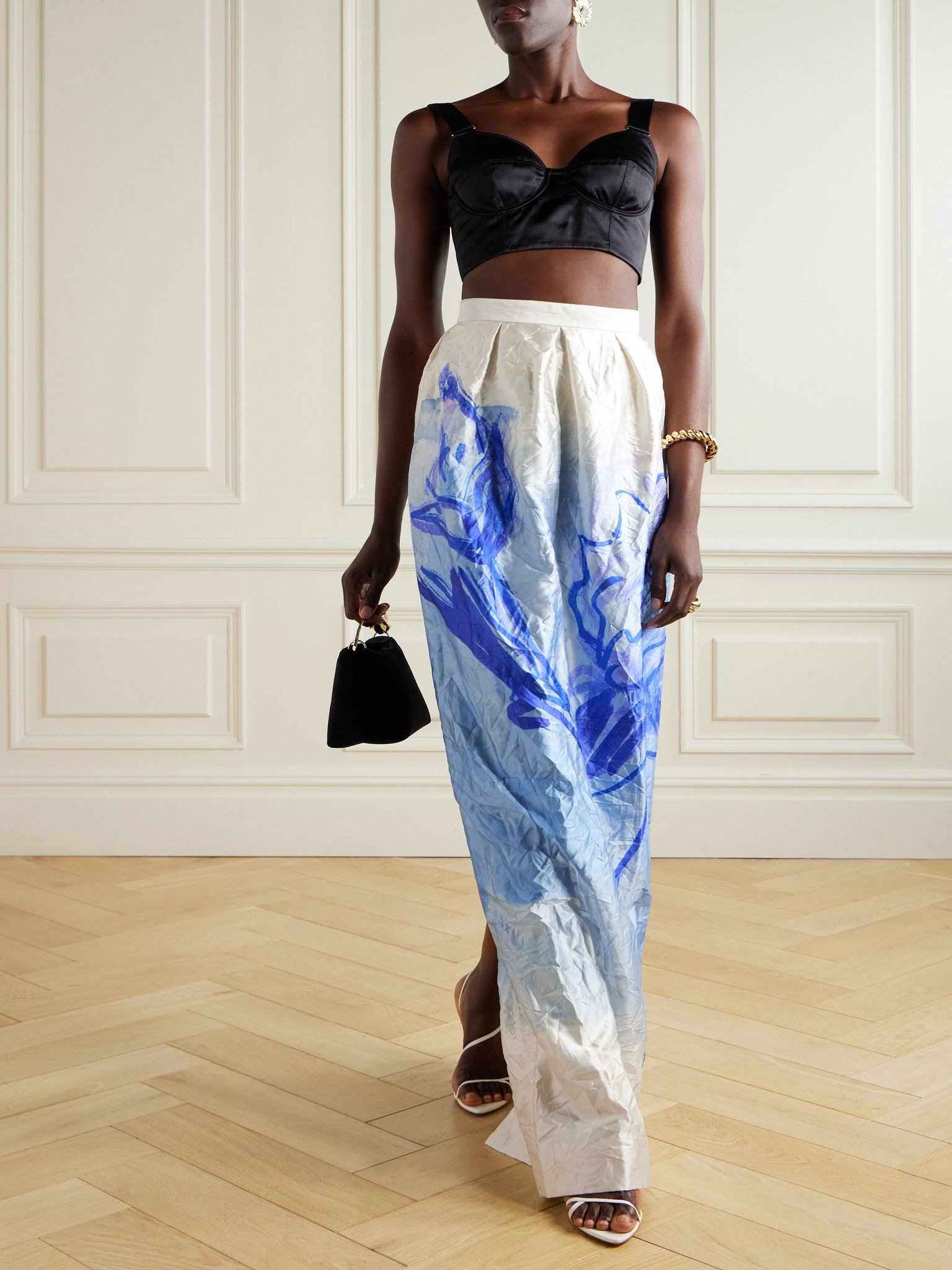 Floral-print metallic crinkled-satin maxi skirt Blue - 2