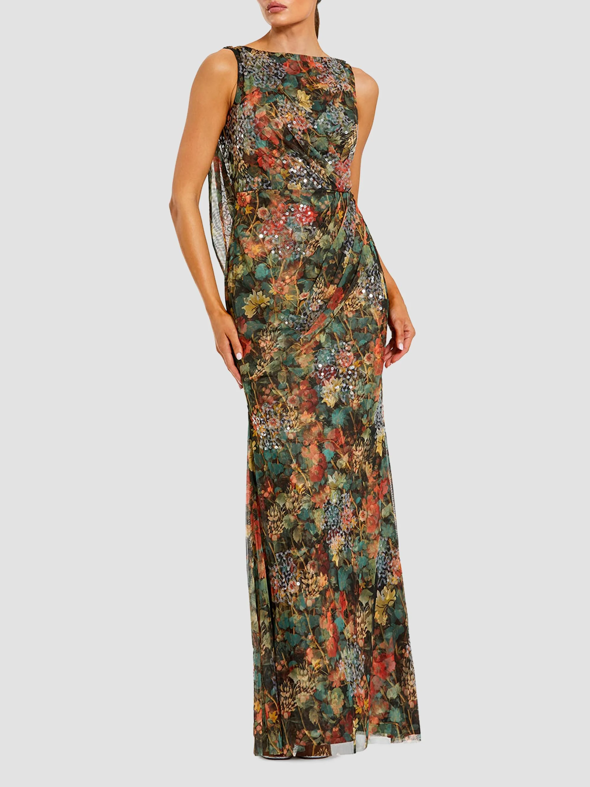 Women's Sequin Floral Mesh Column Gown - Charcoal Multi - 1