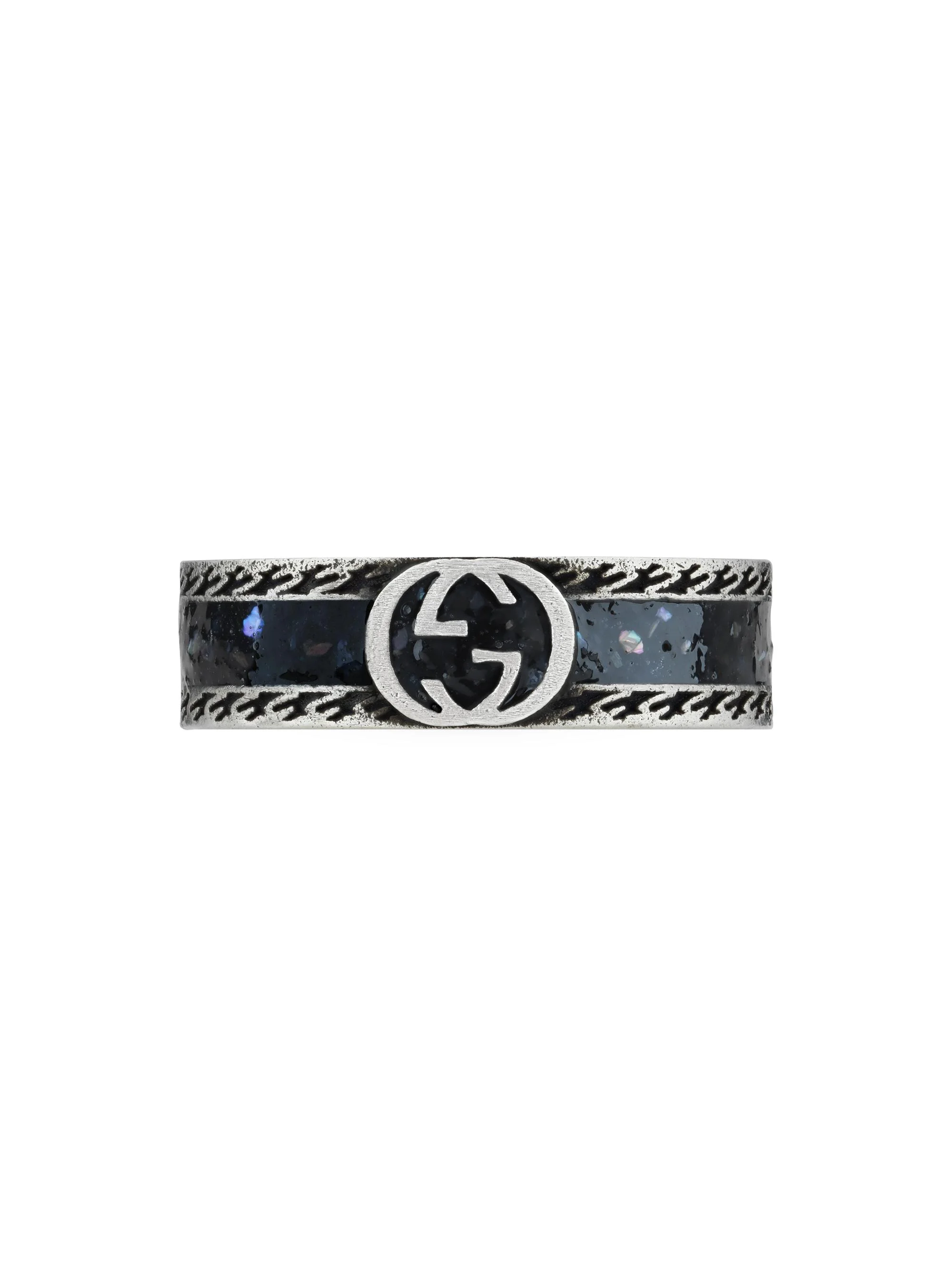 Men's Sterling Silver & Enamel Interlocking G Ring - Black - 1
