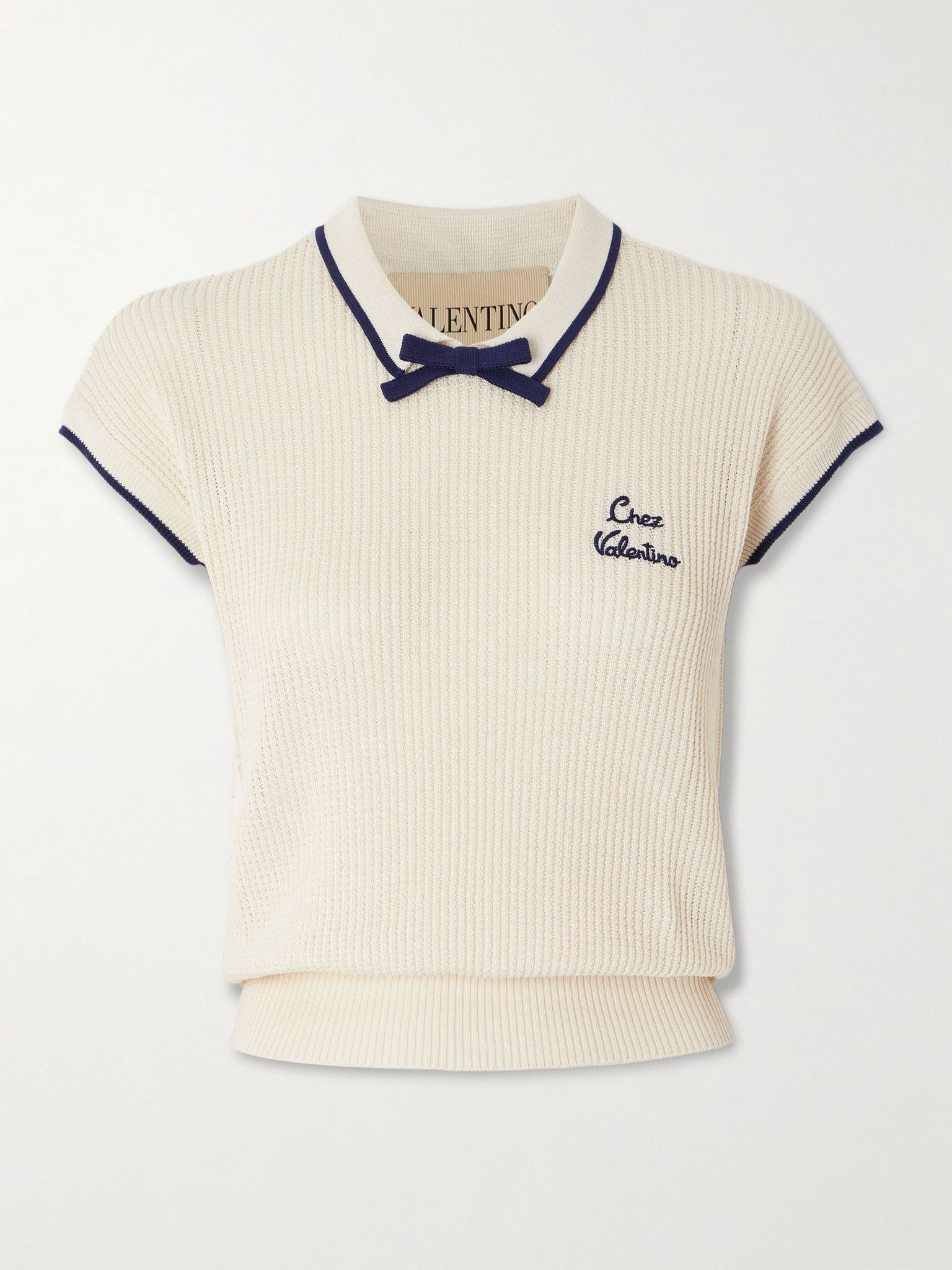 Embroidered waffle-knit cotton-blend polo shirt Cream - 1