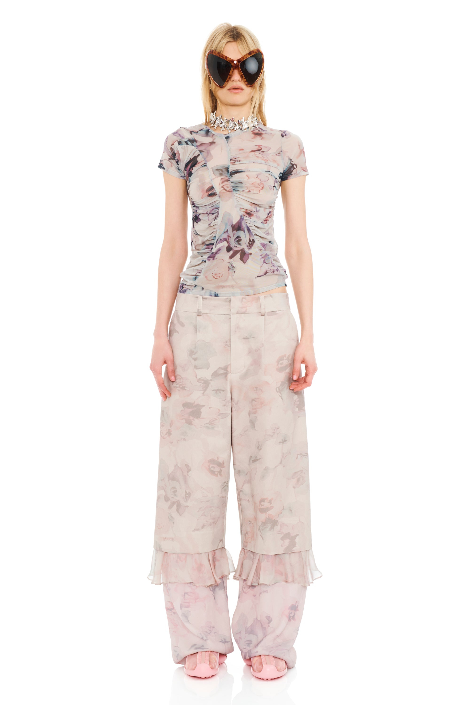 BEIGE WATERCOLOR ROSES SERPENTINE S/S TOP - 5