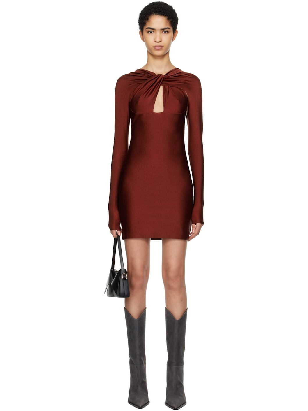 Burgundy Twisted Cut-Out Jersey Minidress - 1